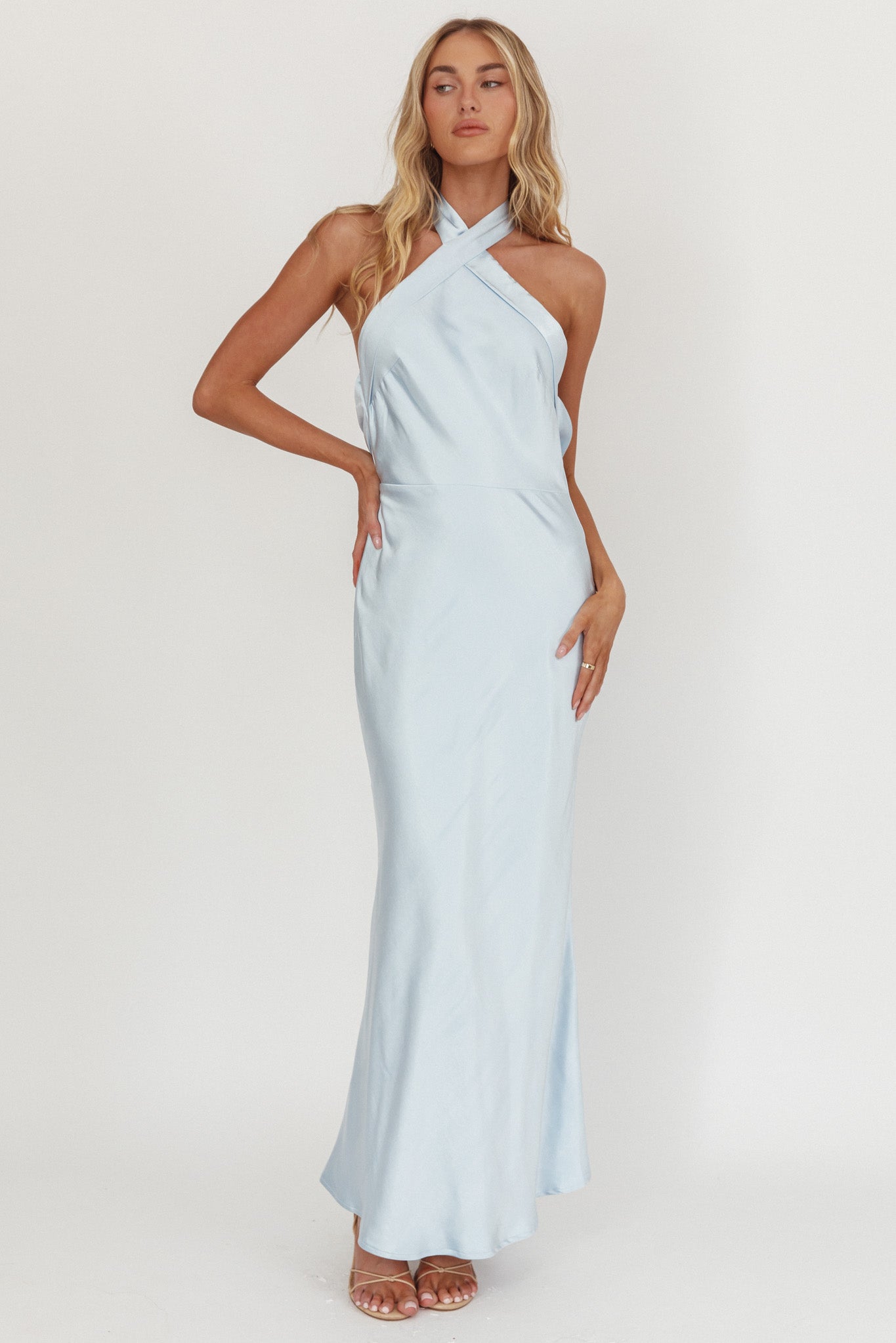 Italia Azure Crossover Halterneck Maxi Dress Ice Blue-Maymioy
