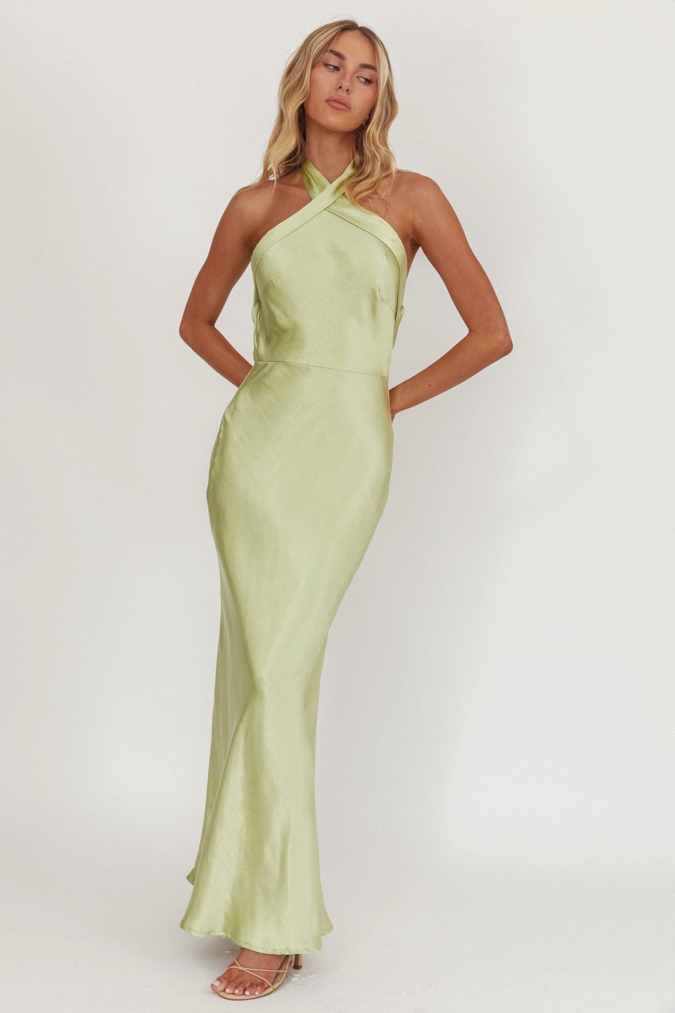Italia Azure Crossover Halterneck Maxi Dress Pistachio-Maymioy