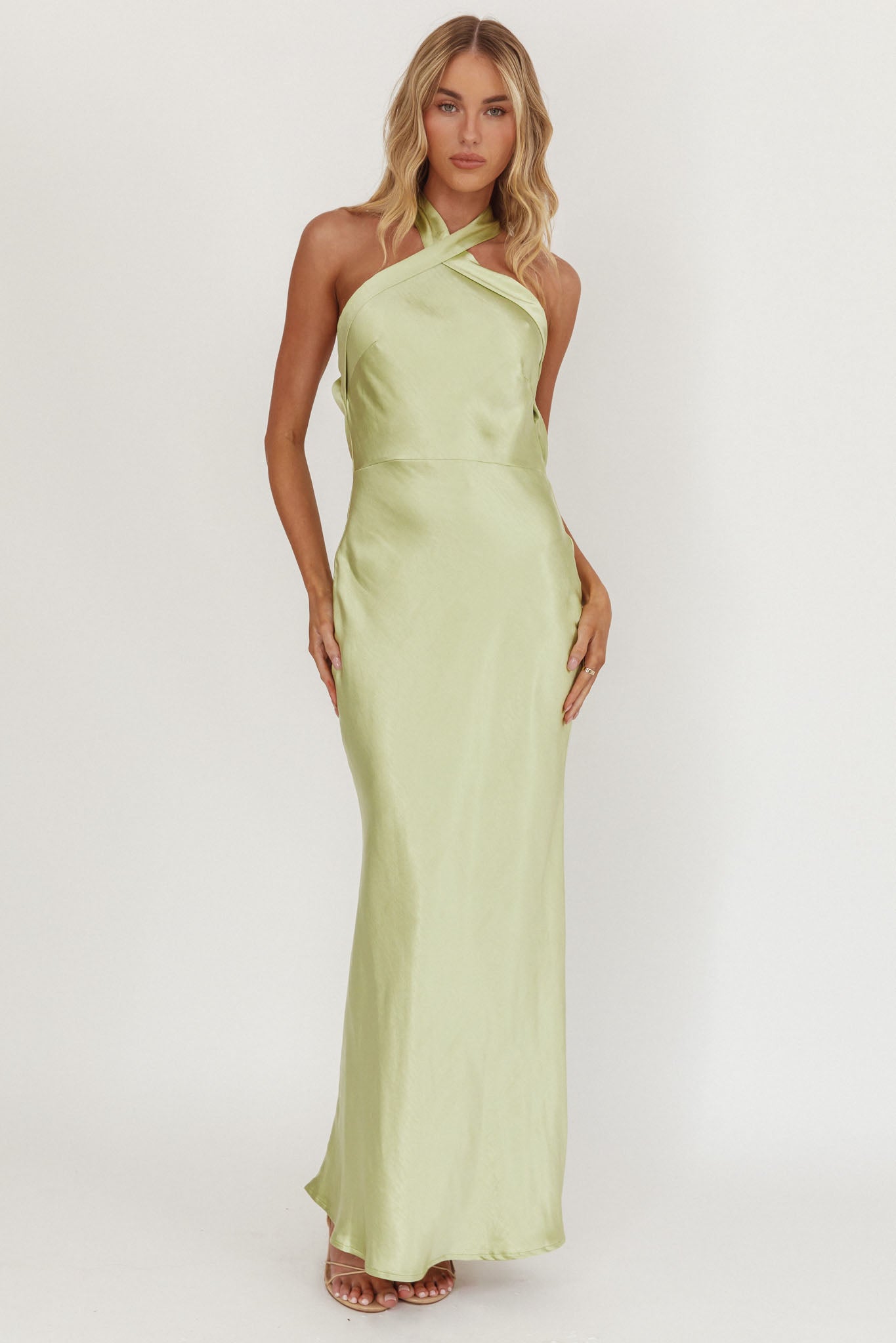 Italia Azure Crossover Halterneck Maxi Dress Pistachio-Maymioy