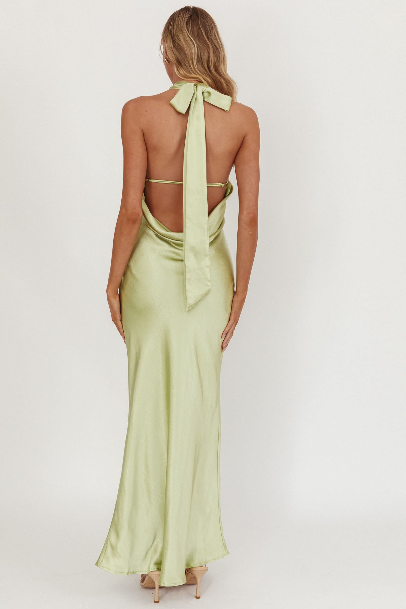 Italia Azure Crossover Halterneck Maxi Dress Pistachio-Maymioy