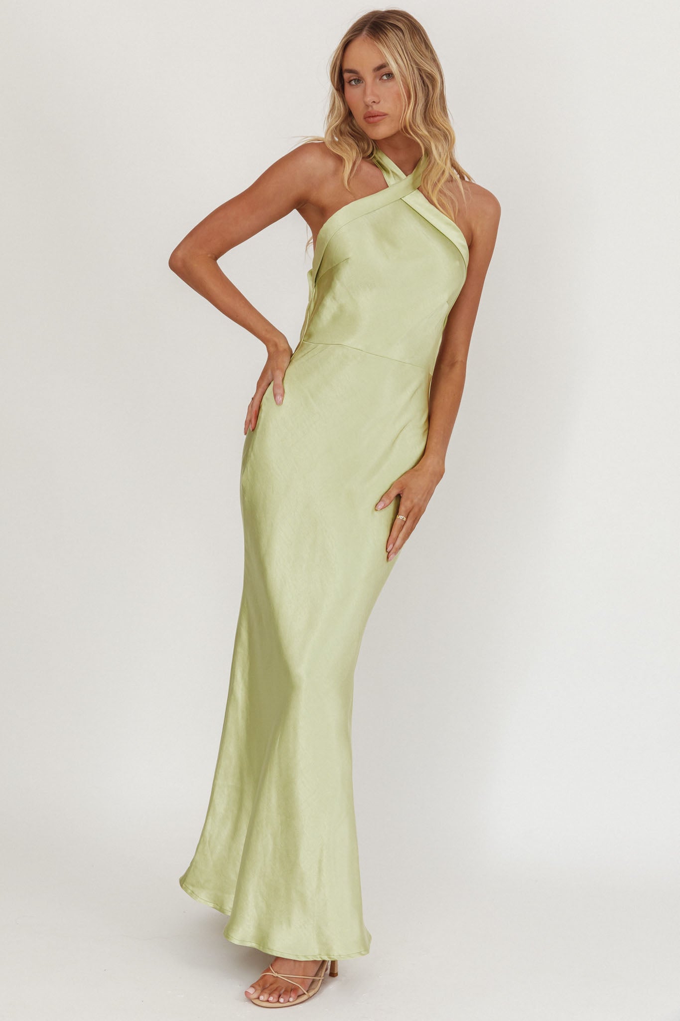 Italia Azure Crossover Halterneck Maxi Dress Pistachio-Maymioy
