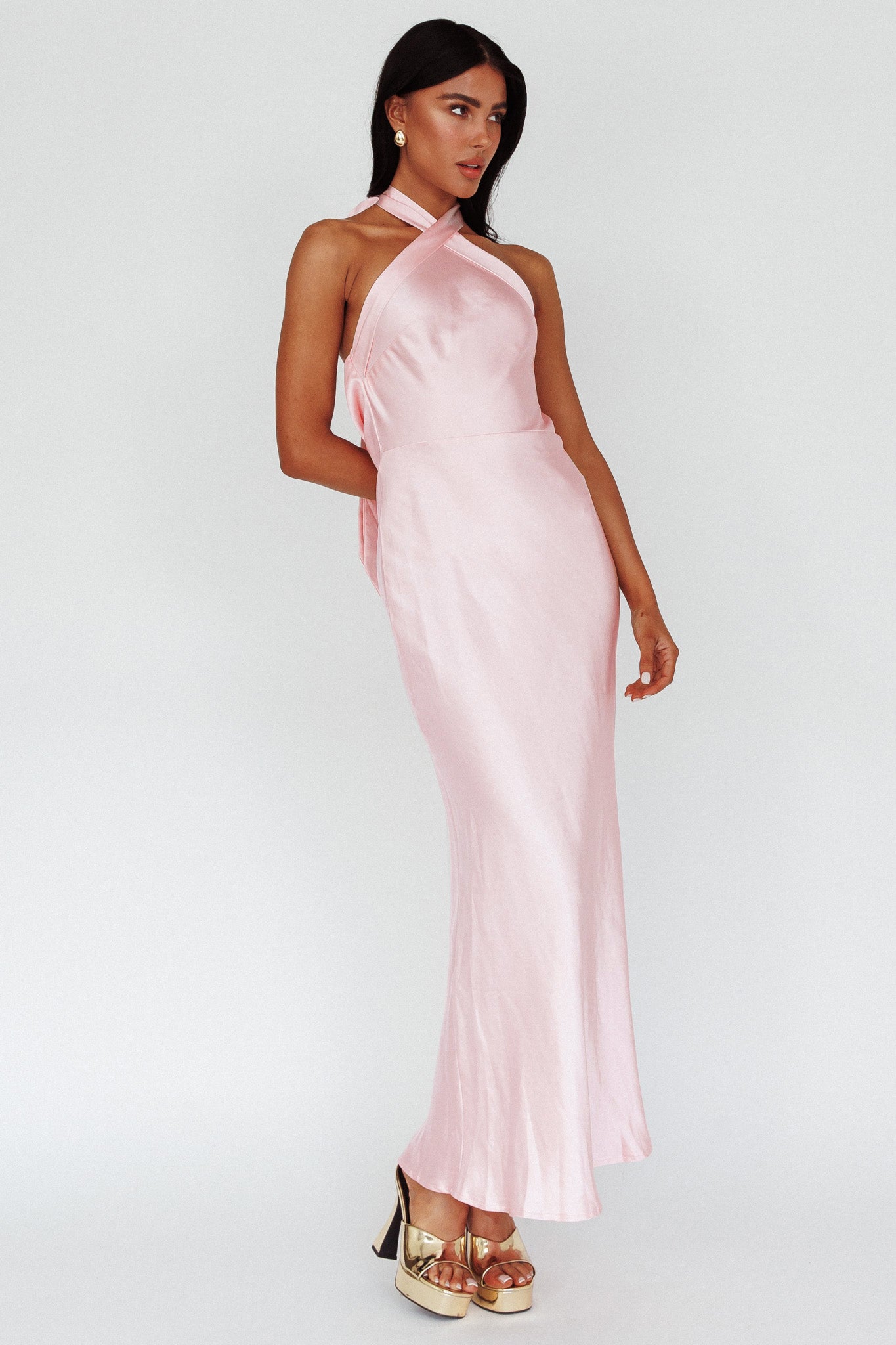 Italia Azure Crossover Halterneck Maxi Dress Pearl-Maymioy
