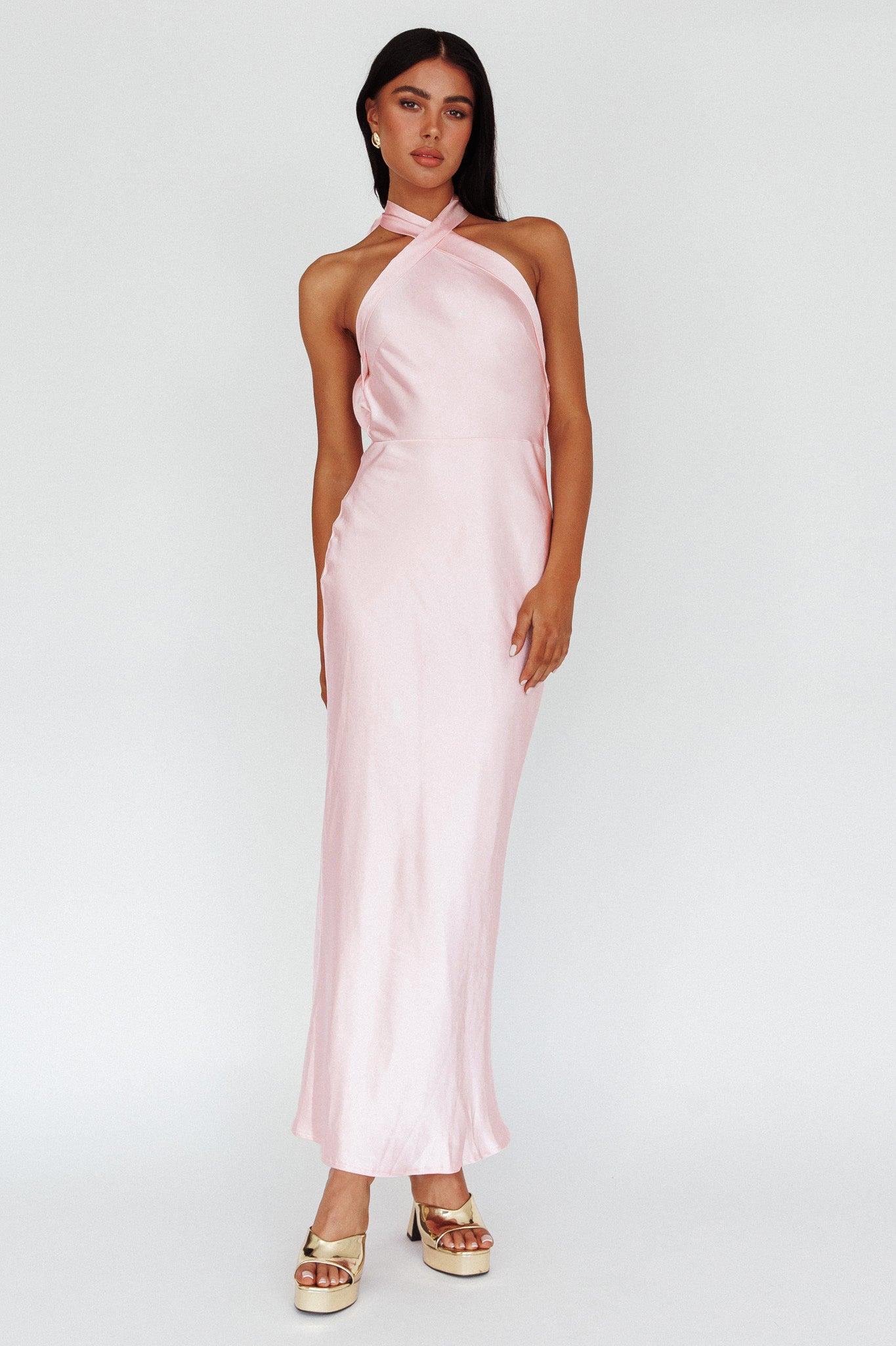 Italia Azure Crossover Halterneck Maxi Dress Pearl-Maymioy