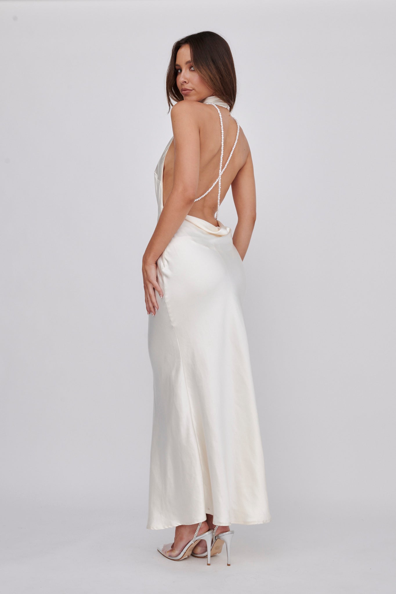 Italia Azure Halterneck Pearl Back Maxi Dress Oyster-Maymioy