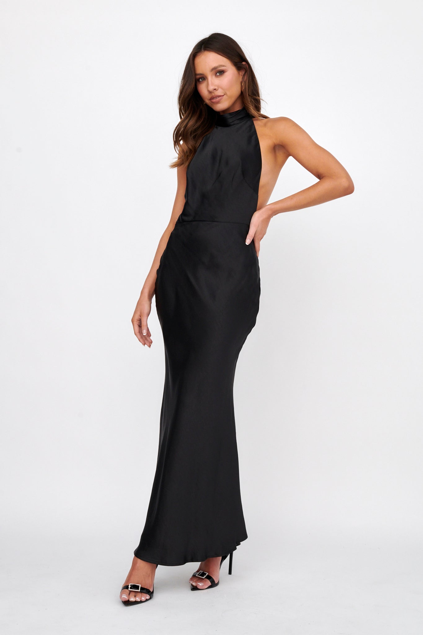 Italia Azure Halterneck Pearl Back Maxi Dress Black-Maymioy