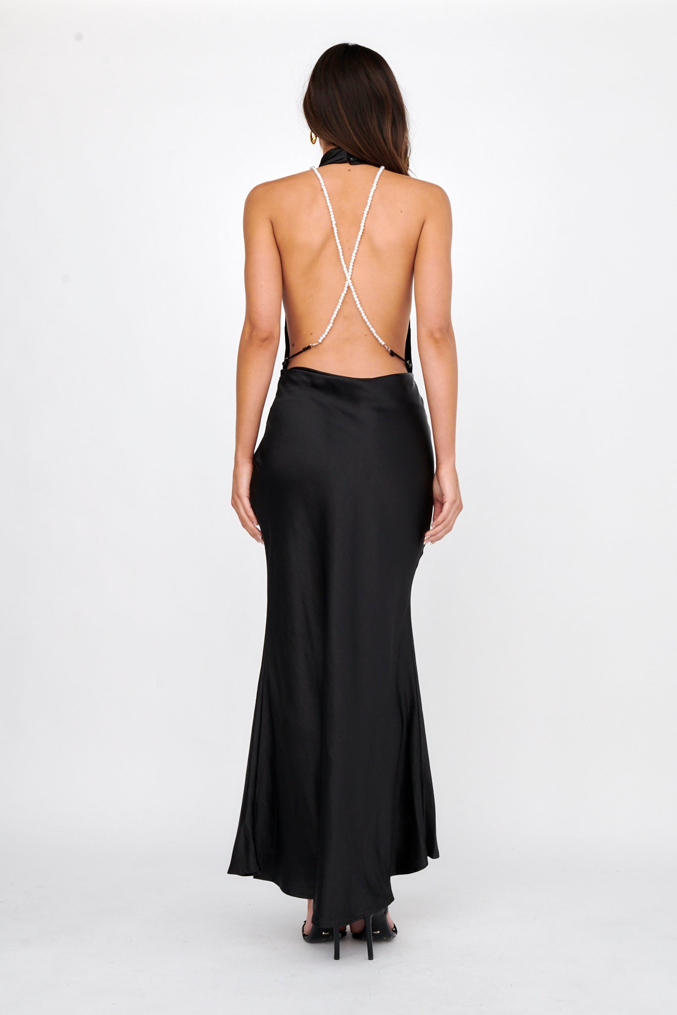 Italia Azure Halterneck Pearl Back Maxi Dress Black-Maymioy
