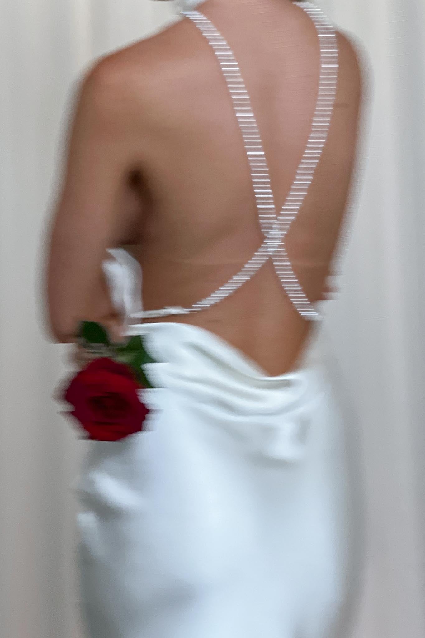 Italia Azure Halterneck Pearl Back Maxi Dress Oyster-Maymioy