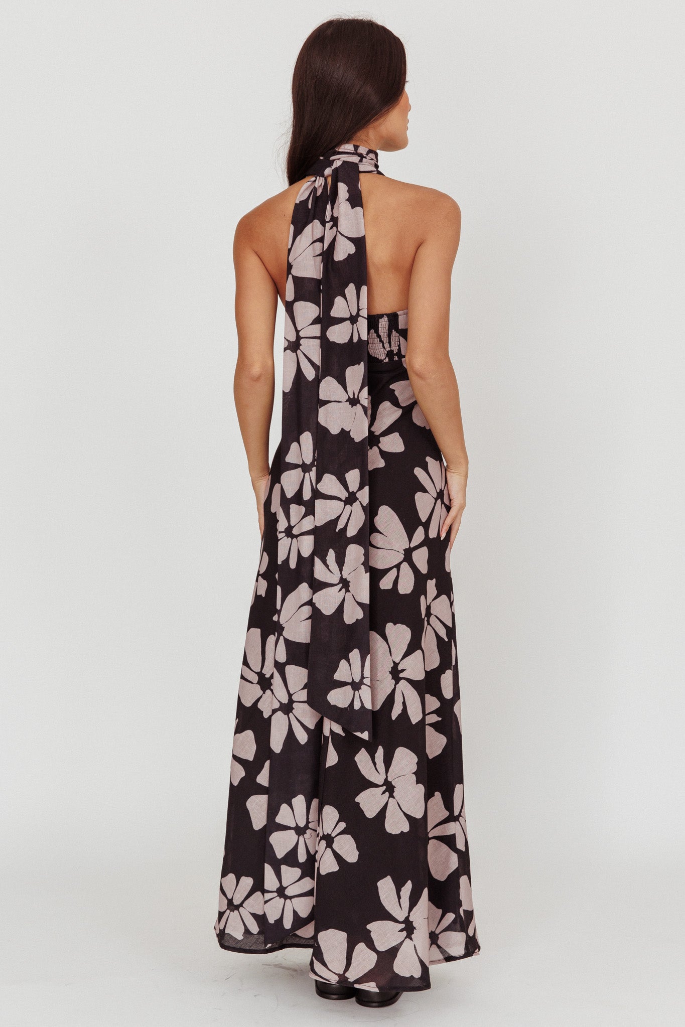 Italia Azure Halterneck Floral Maxi Dress Black-Maymioy