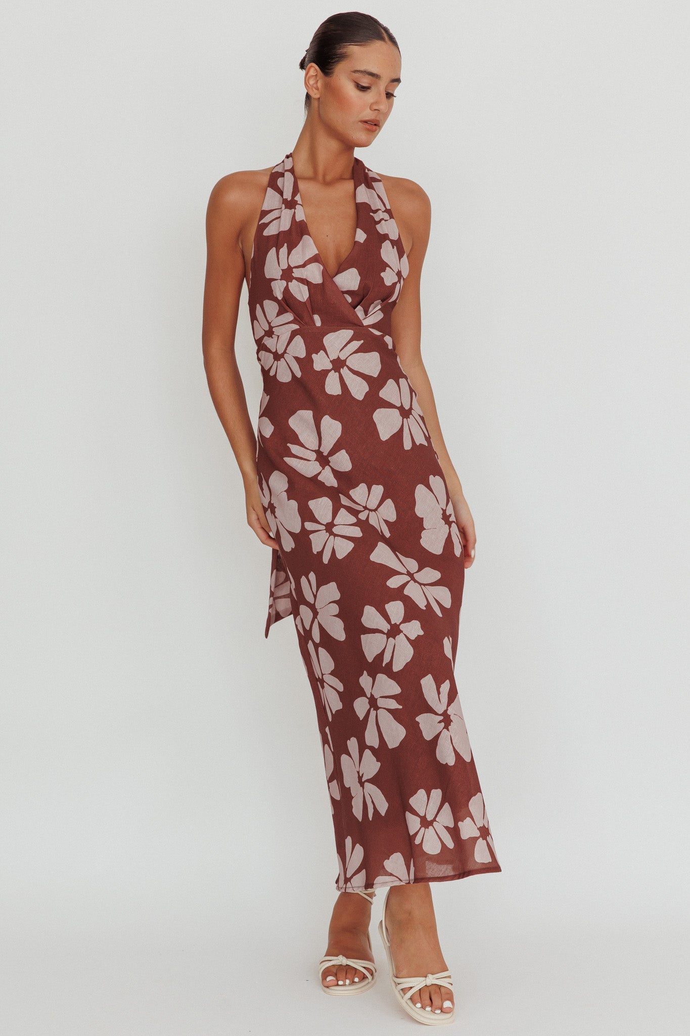 Italia Azure Halterneck Floral Maxi Dress Brown-Maymioy