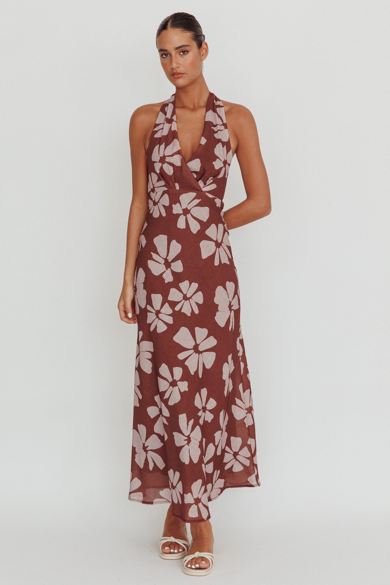 Italia Azure Halterneck Floral Maxi Dress Brown-Maymioy