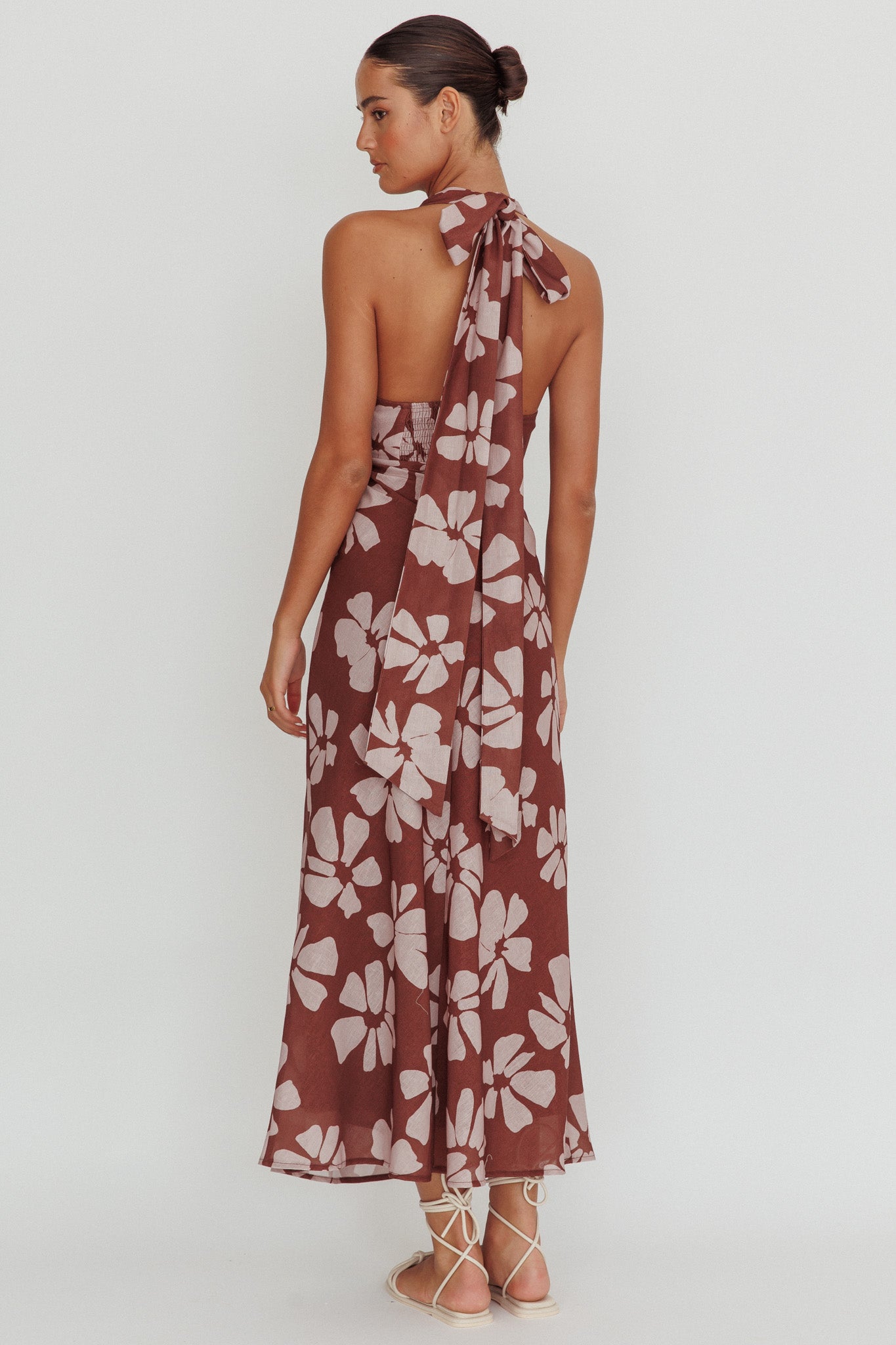 Italia Azure Halterneck Floral Maxi Dress Brown-Maymioy