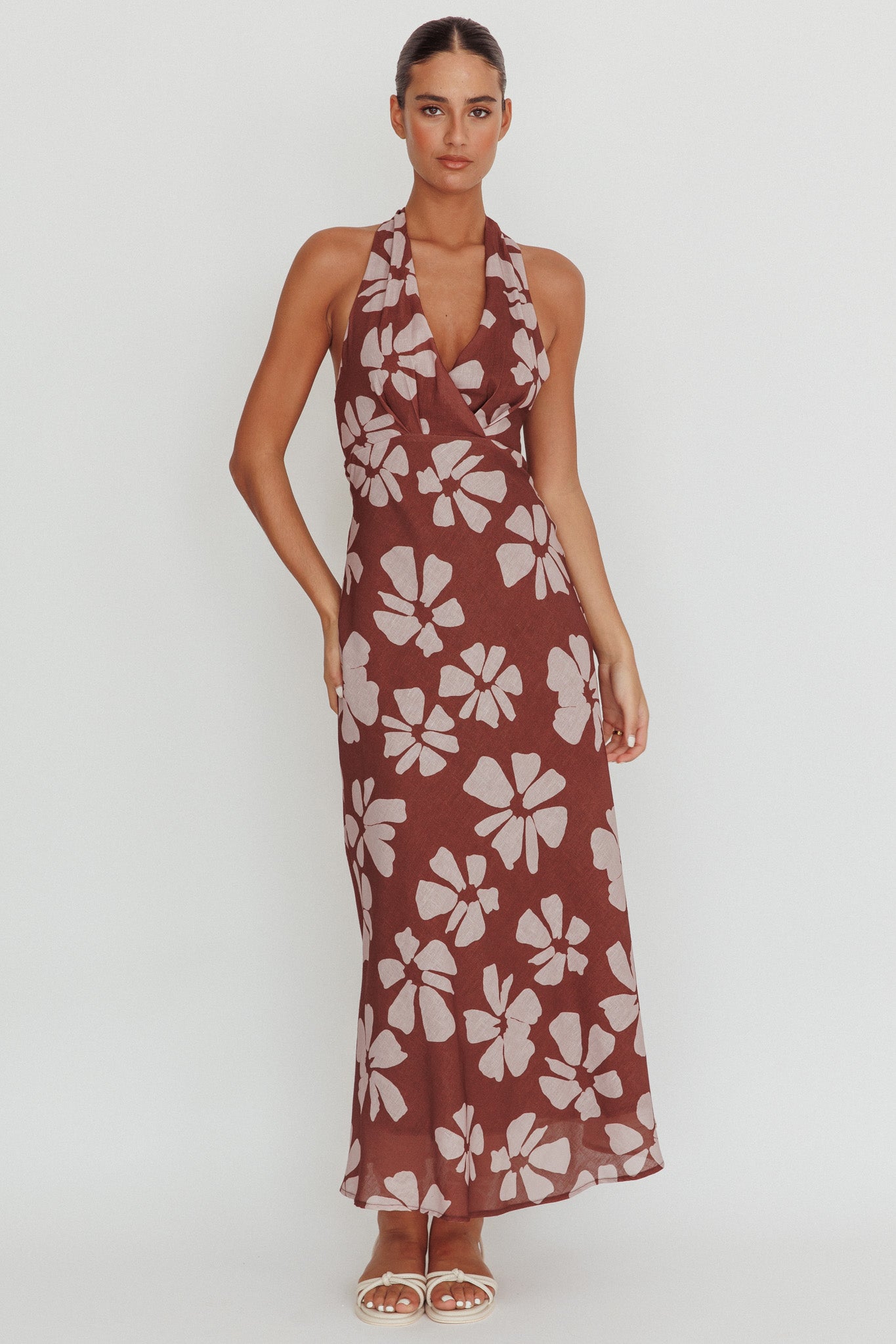 Italia Azure Halterneck Floral Maxi Dress Brown-Maymioy