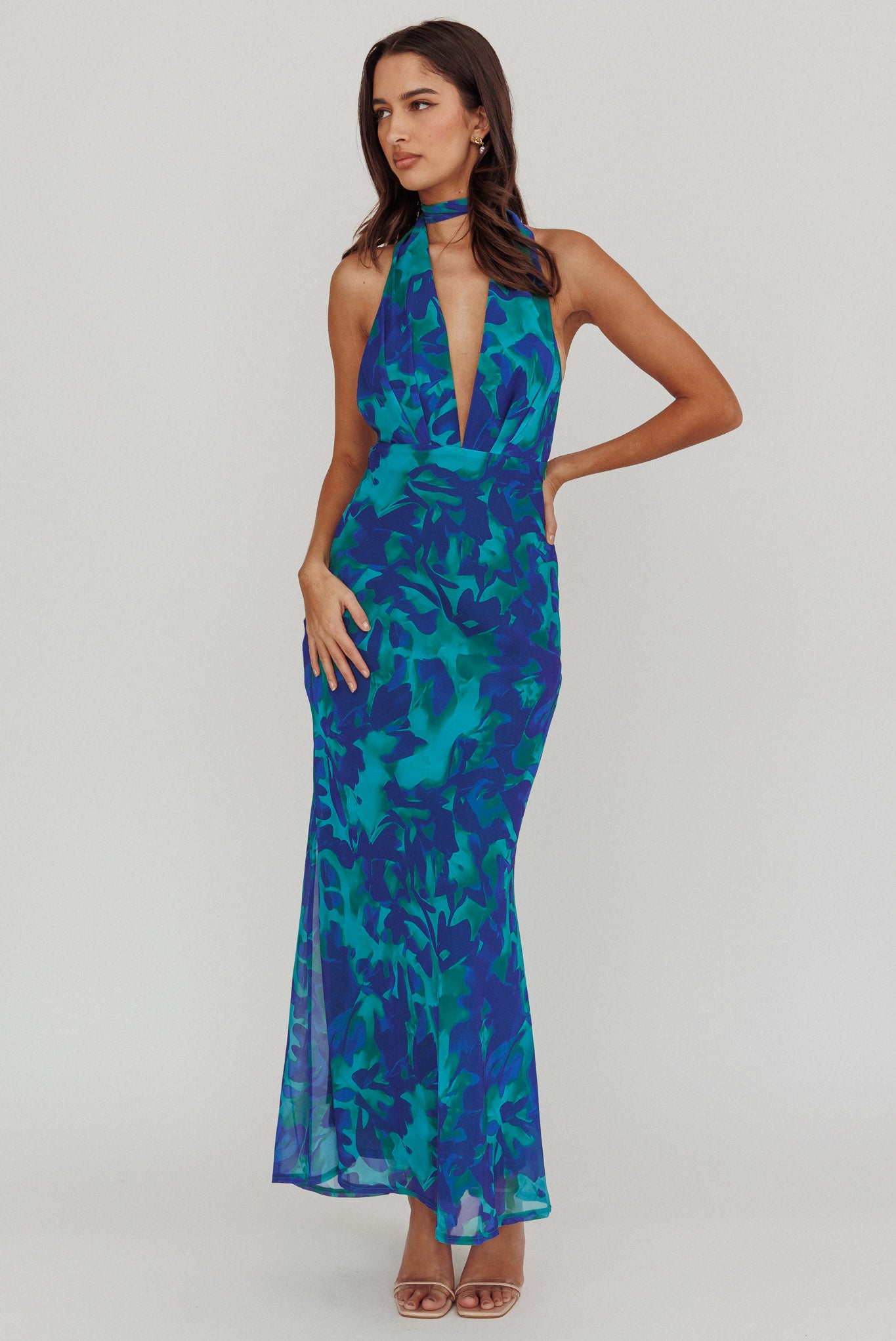Italia Azure Halterneck Maxi Dress Abstract Blue-Maymioy