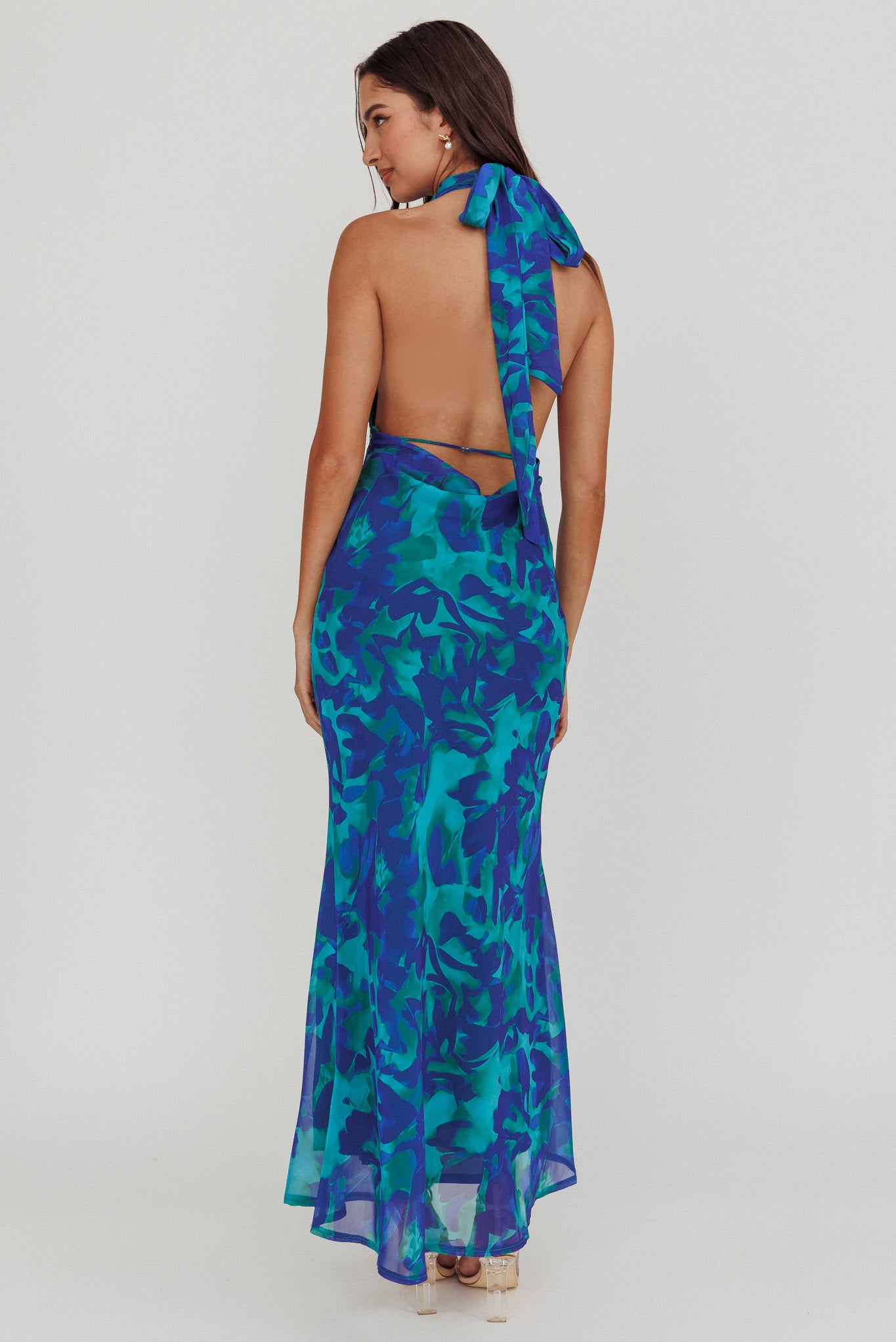 Italia Azure Halterneck Maxi Dress Abstract Blue-Maymioy
