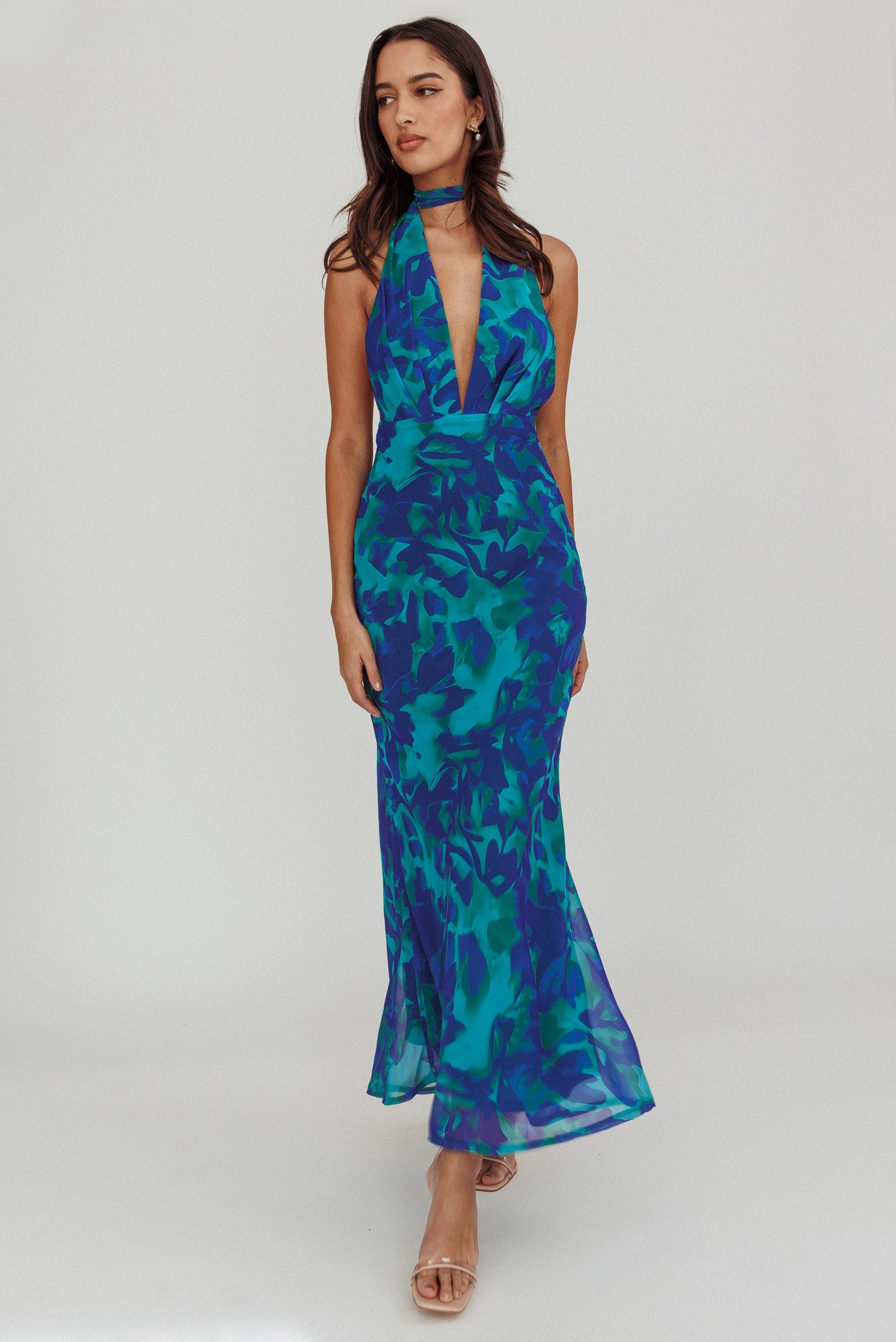 Italia Azure Halterneck Maxi Dress Abstract Blue-Maymioy