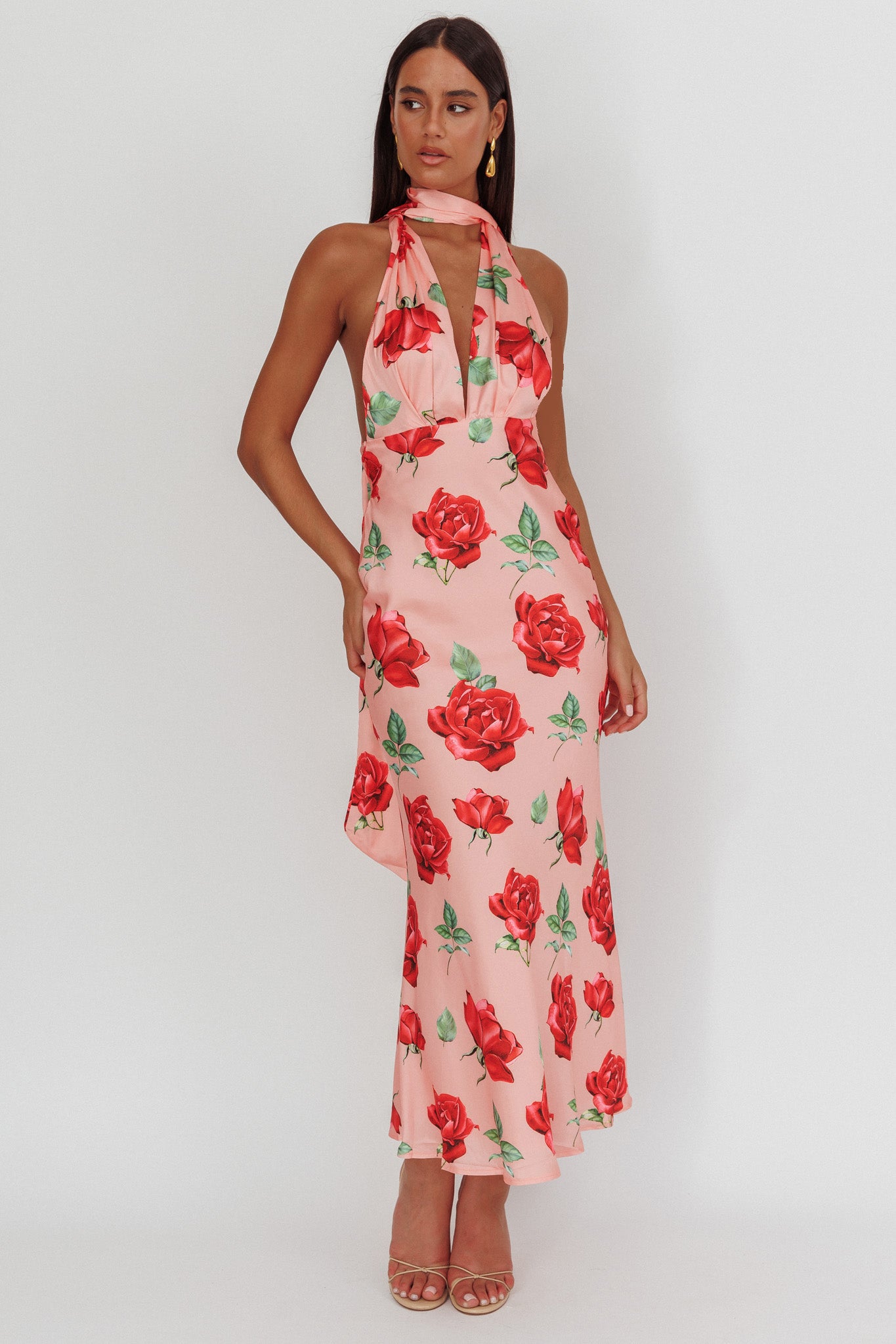 Italia Azure Halterneck Maxi Dress Rose-Maymioy