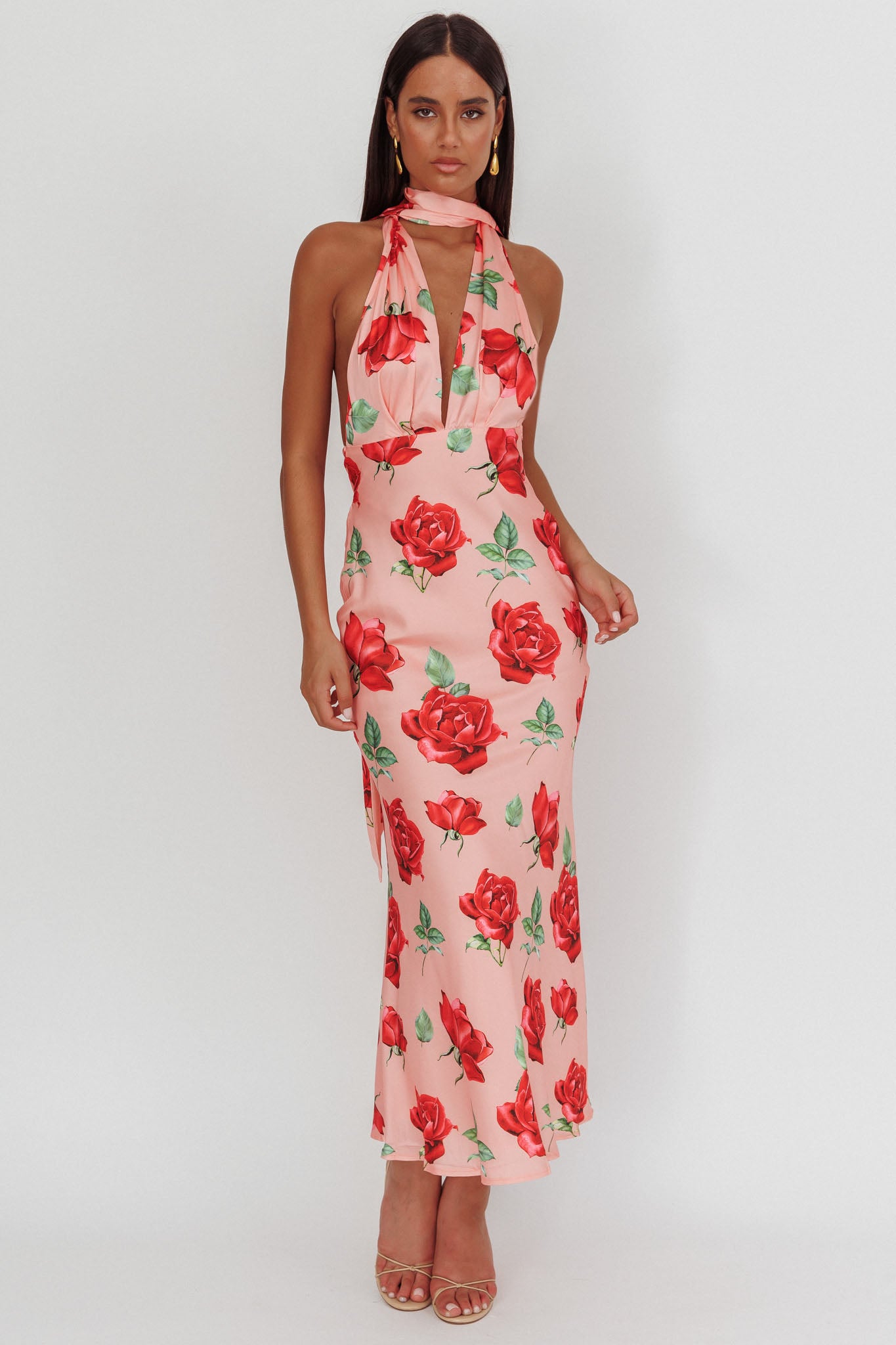 Italia Azure Halterneck Maxi Dress Rose-Maymioy