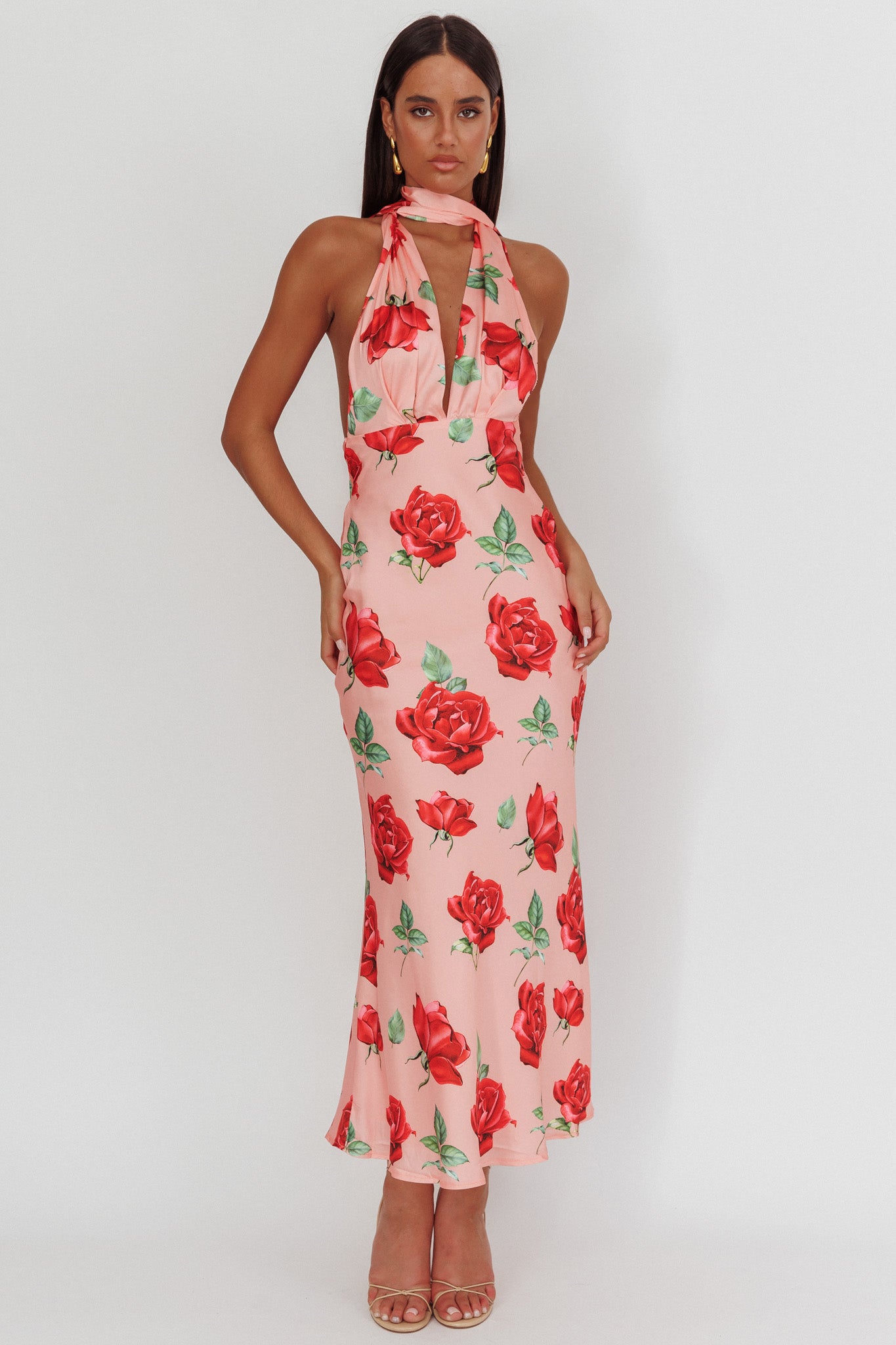 Italia Azure Halterneck Maxi Dress Rose-Maymioy