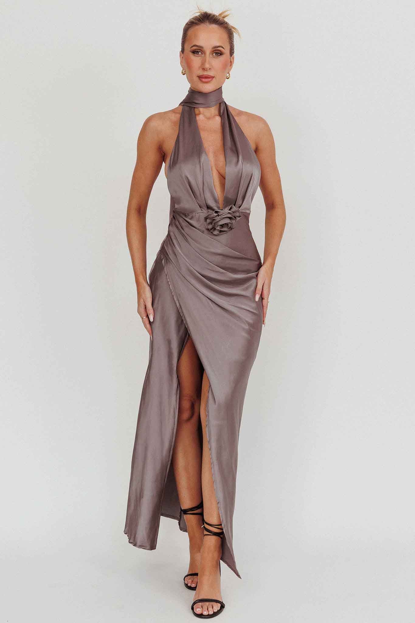 Italia Azure Halterneck Rosette Maxi Dress Grey-Maymioy