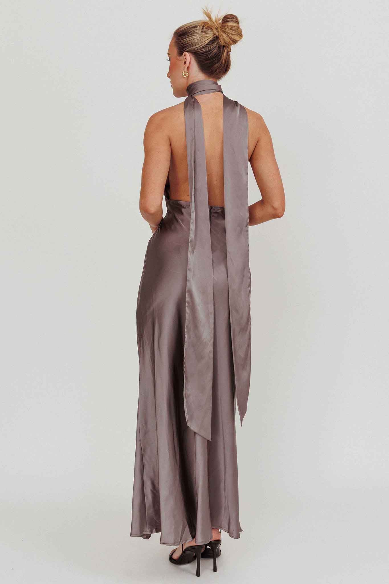 Italia Azure Halterneck Rosette Maxi Dress Grey-Maymioy