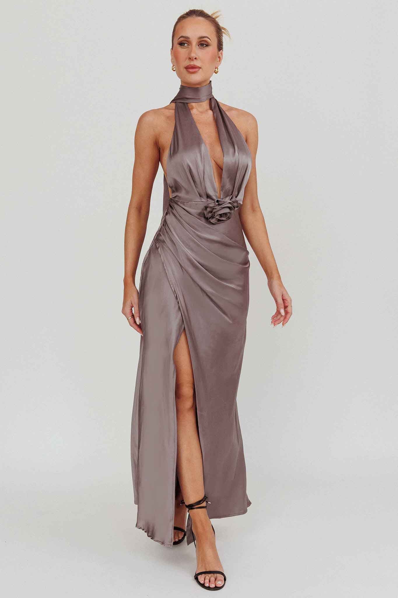Italia Azure Halterneck Rosette Maxi Dress Grey-Maymioy