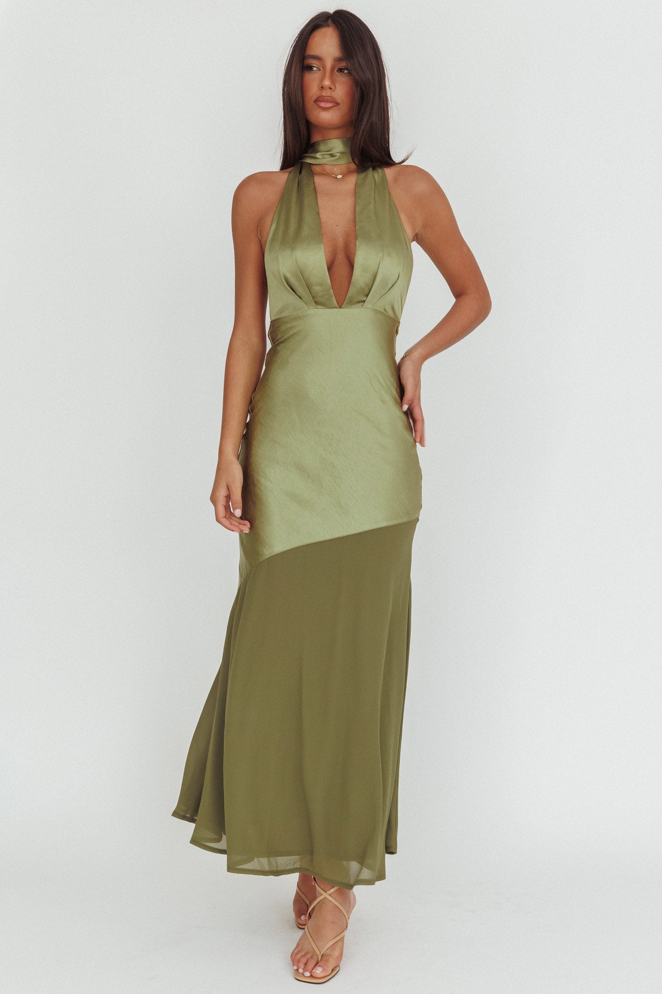 Italia Azure Halterneck Sheer Hem Maxi Dress Olive-Maymioy