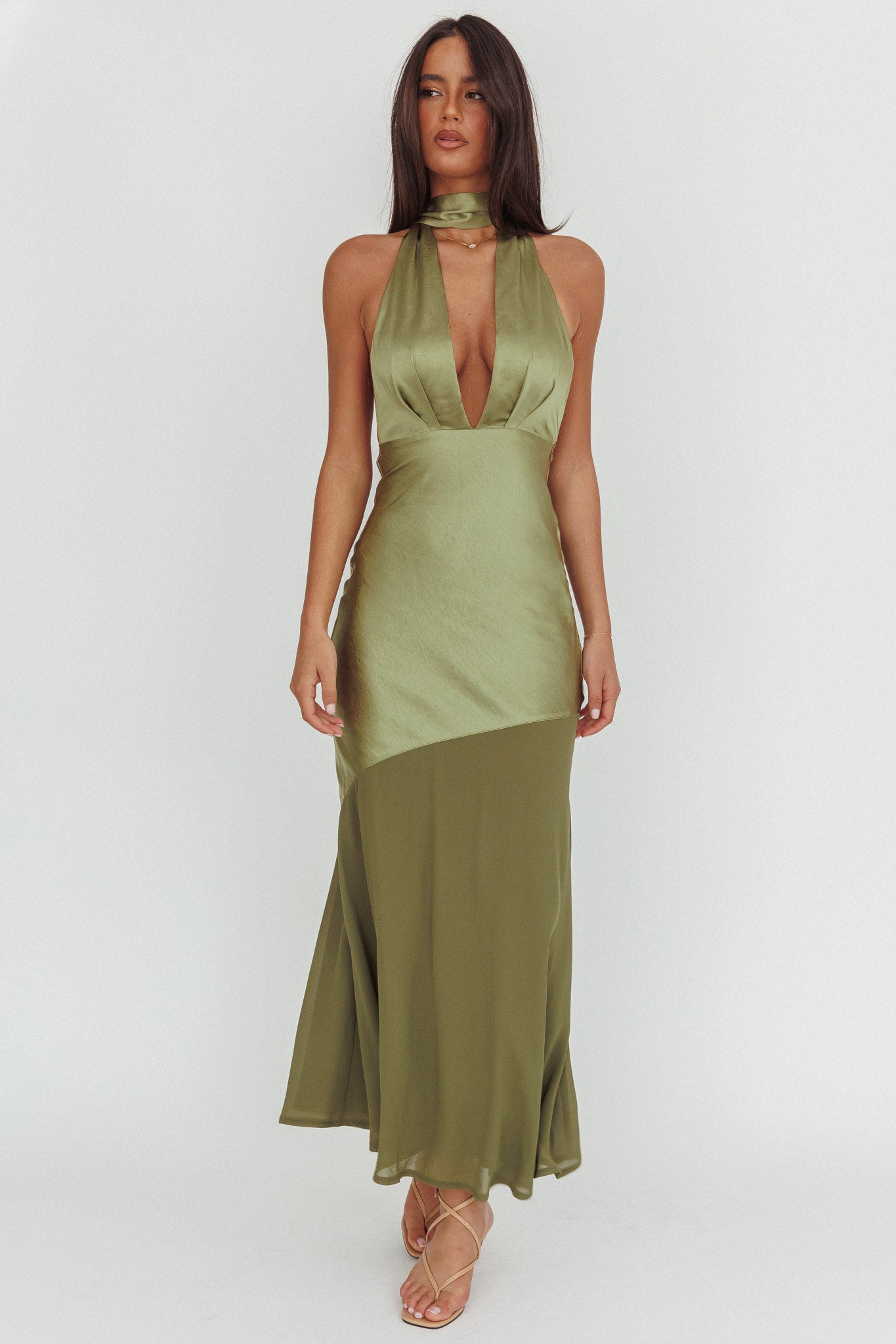 Italia Azure Halterneck Sheer Hem Maxi Dress Olive-Maymioy