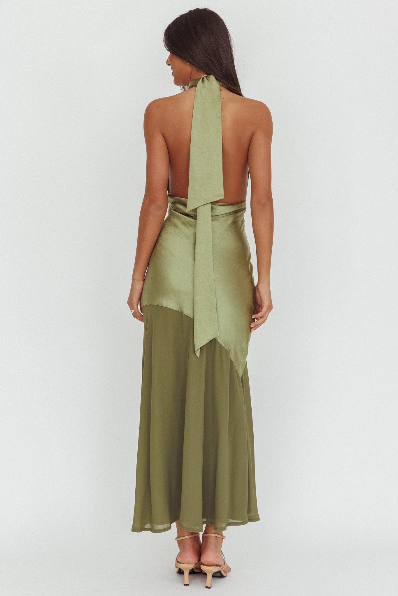 Italia Azure Halterneck Sheer Hem Maxi Dress Olive-Maymioy