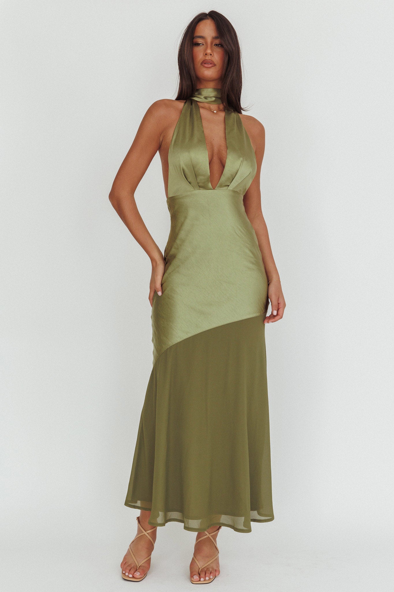 Italia Azure Halterneck Sheer Hem Maxi Dress Olive-Maymioy