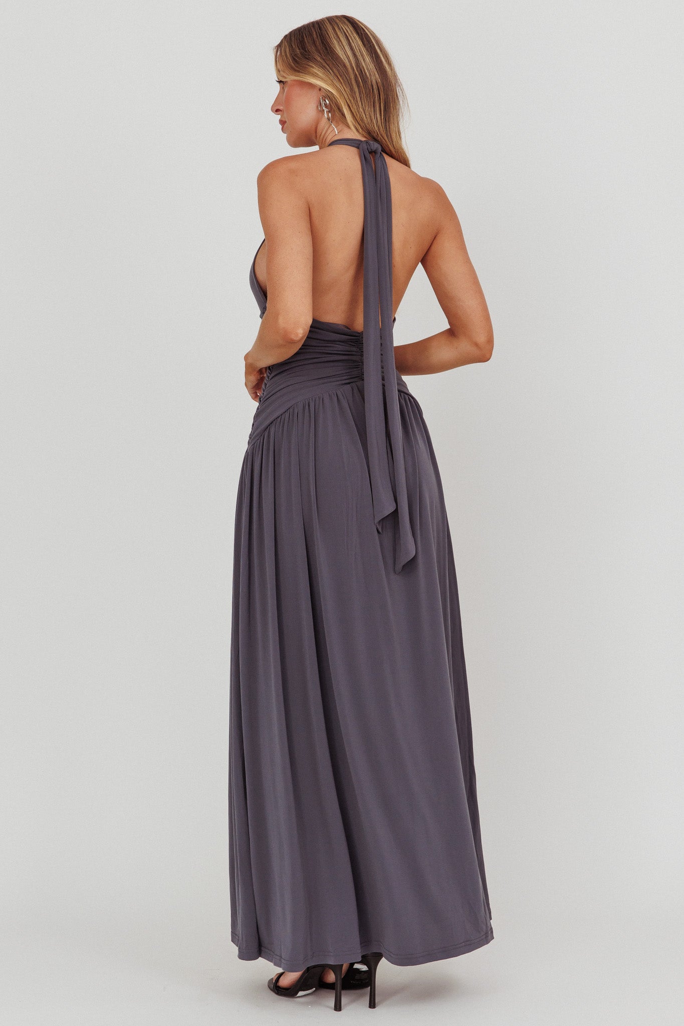 Italia Azure Gathered Waist Maxi Dress Charcoal-Maymioy