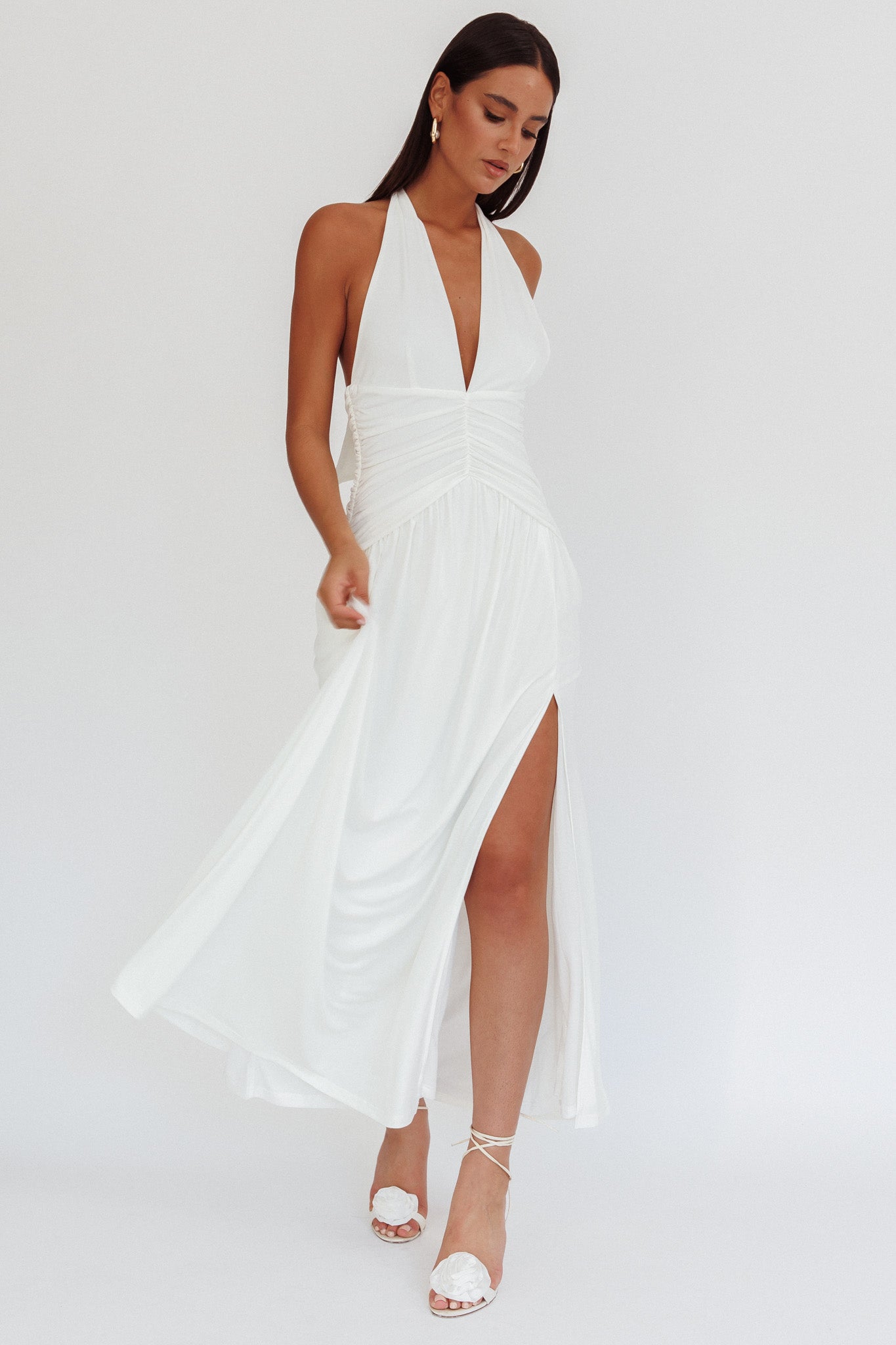 Italia Azure Gathered Waist Maxi Dress White-Maymioy