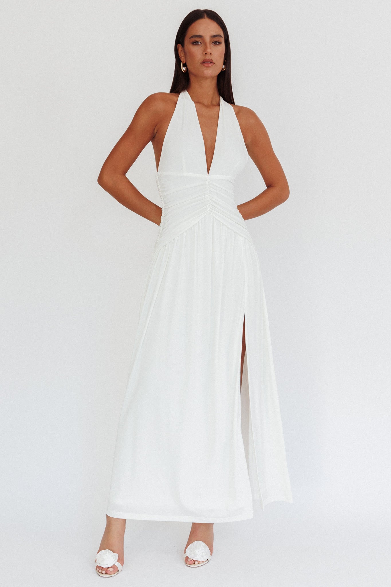 Italia Azure Gathered Waist Maxi Dress White-Maymioy