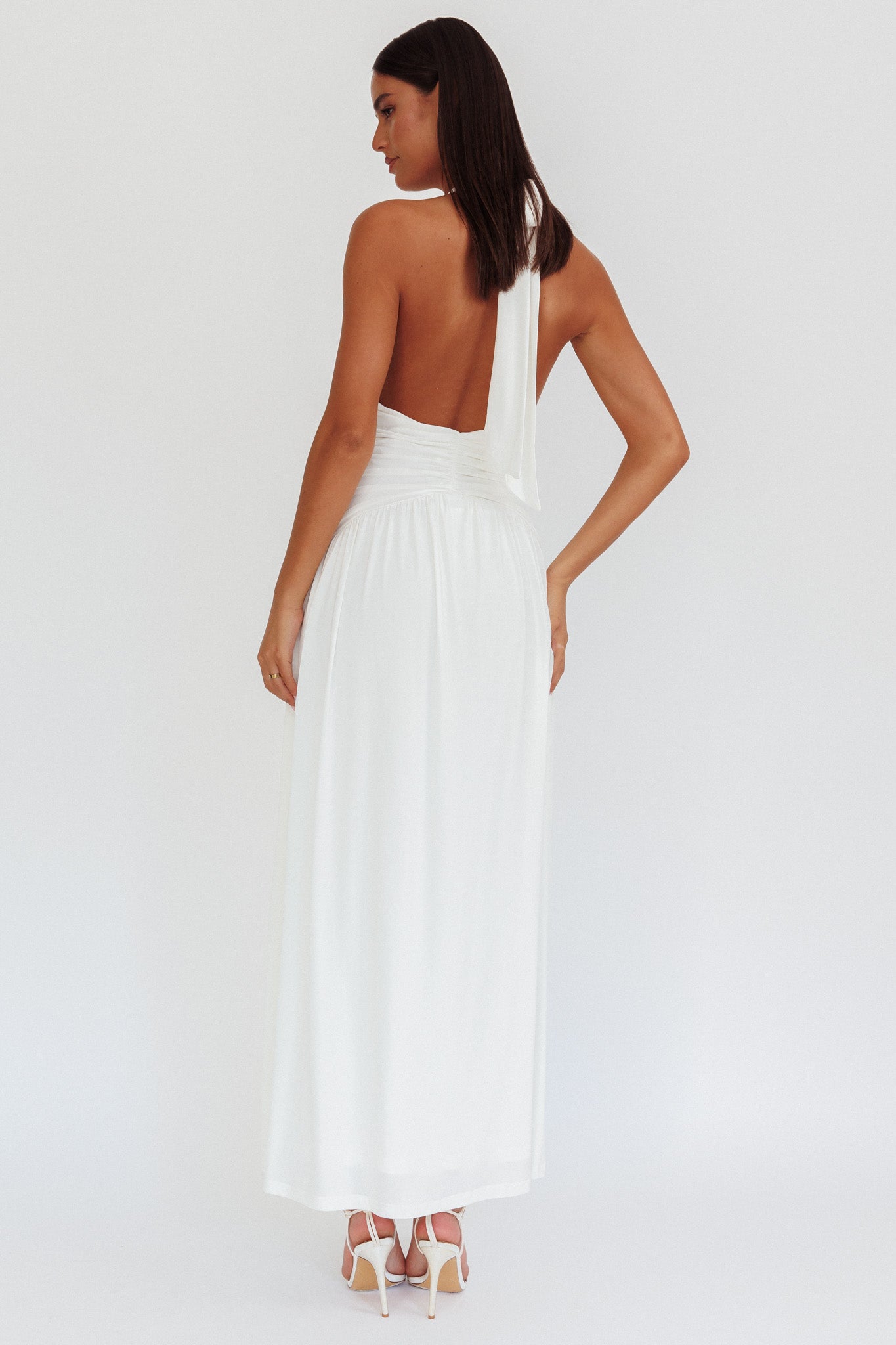 Italia Azure Gathered Waist Maxi Dress White-Maymioy