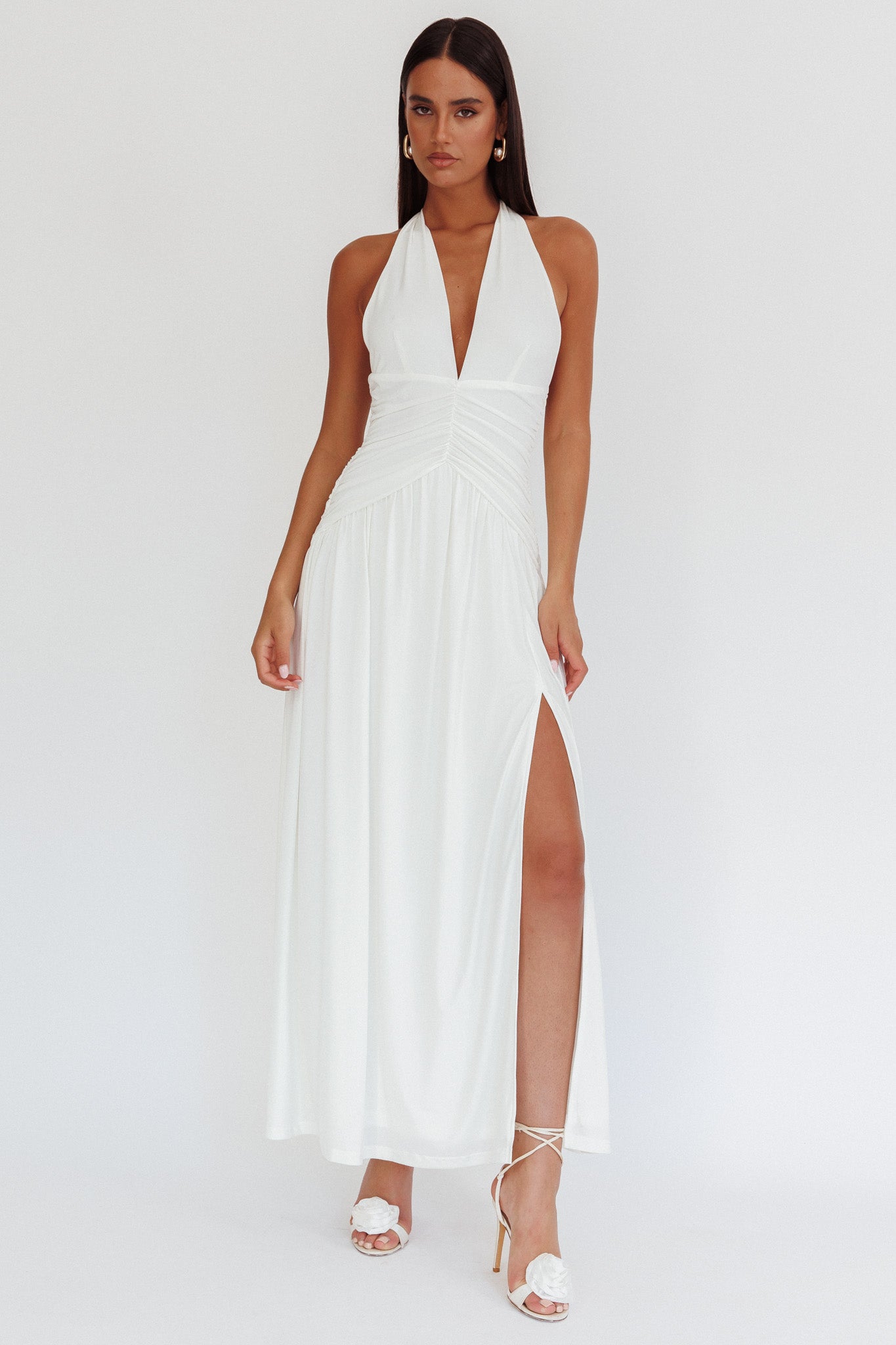Italia Azure Gathered Waist Maxi Dress White-Maymioy