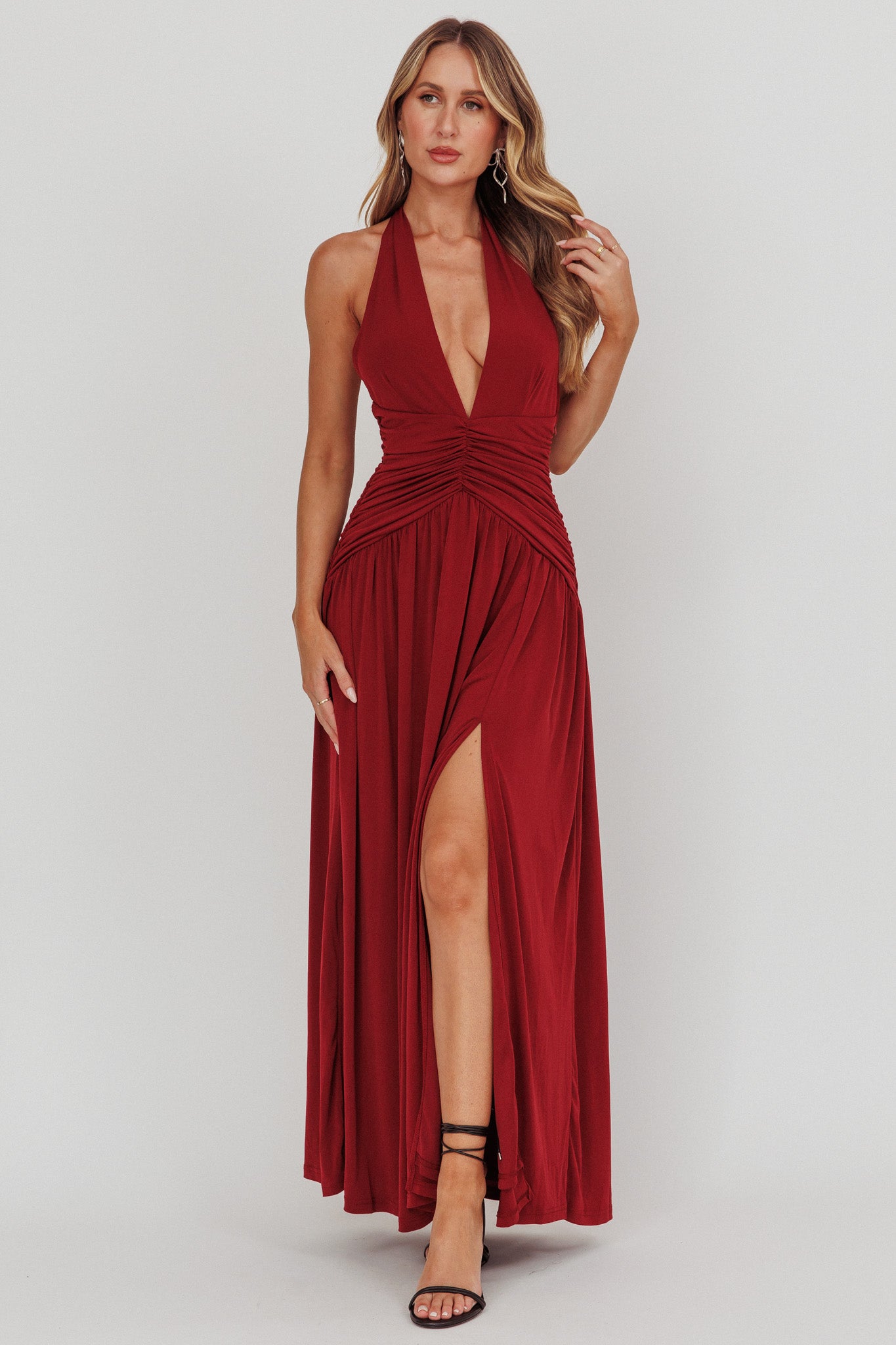 Italia Azure Gathered Waist Maxi Dress Wine-Maymioy