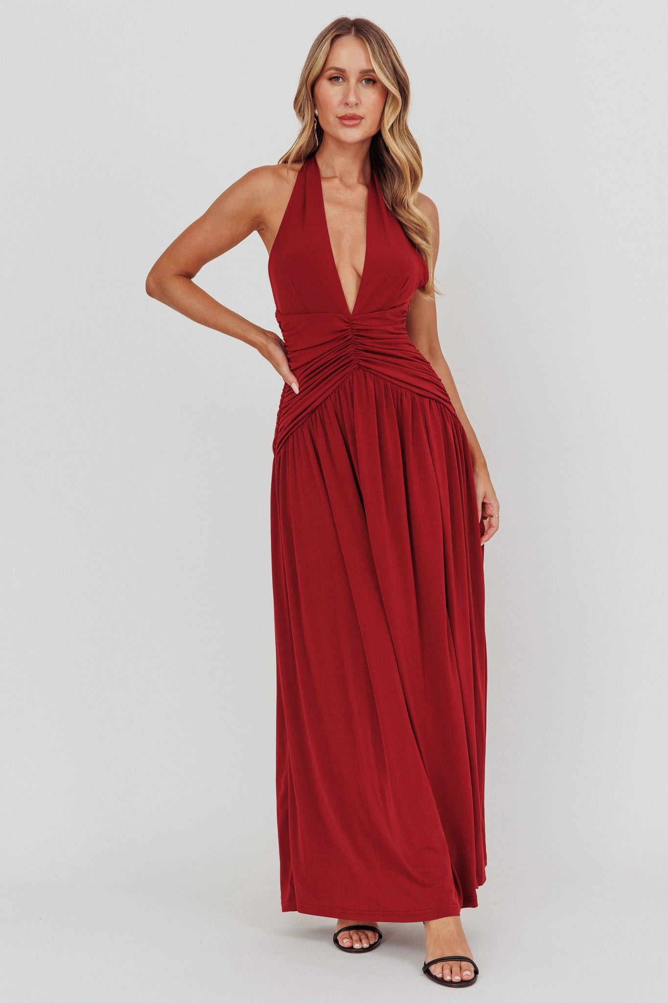 Italia Azure Gathered Waist Maxi Dress Wine-Maymioy