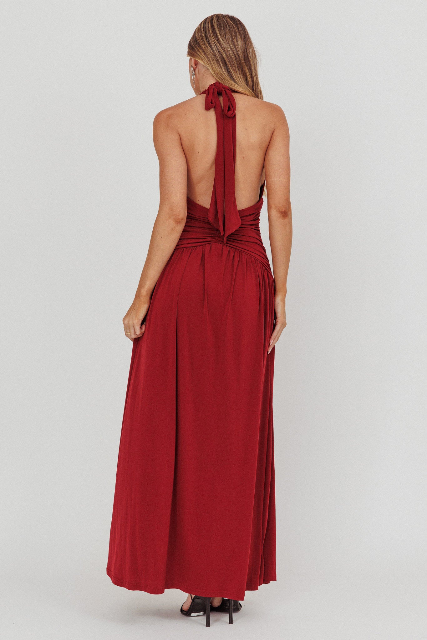 Italia Azure Gathered Waist Maxi Dress Wine-Maymioy