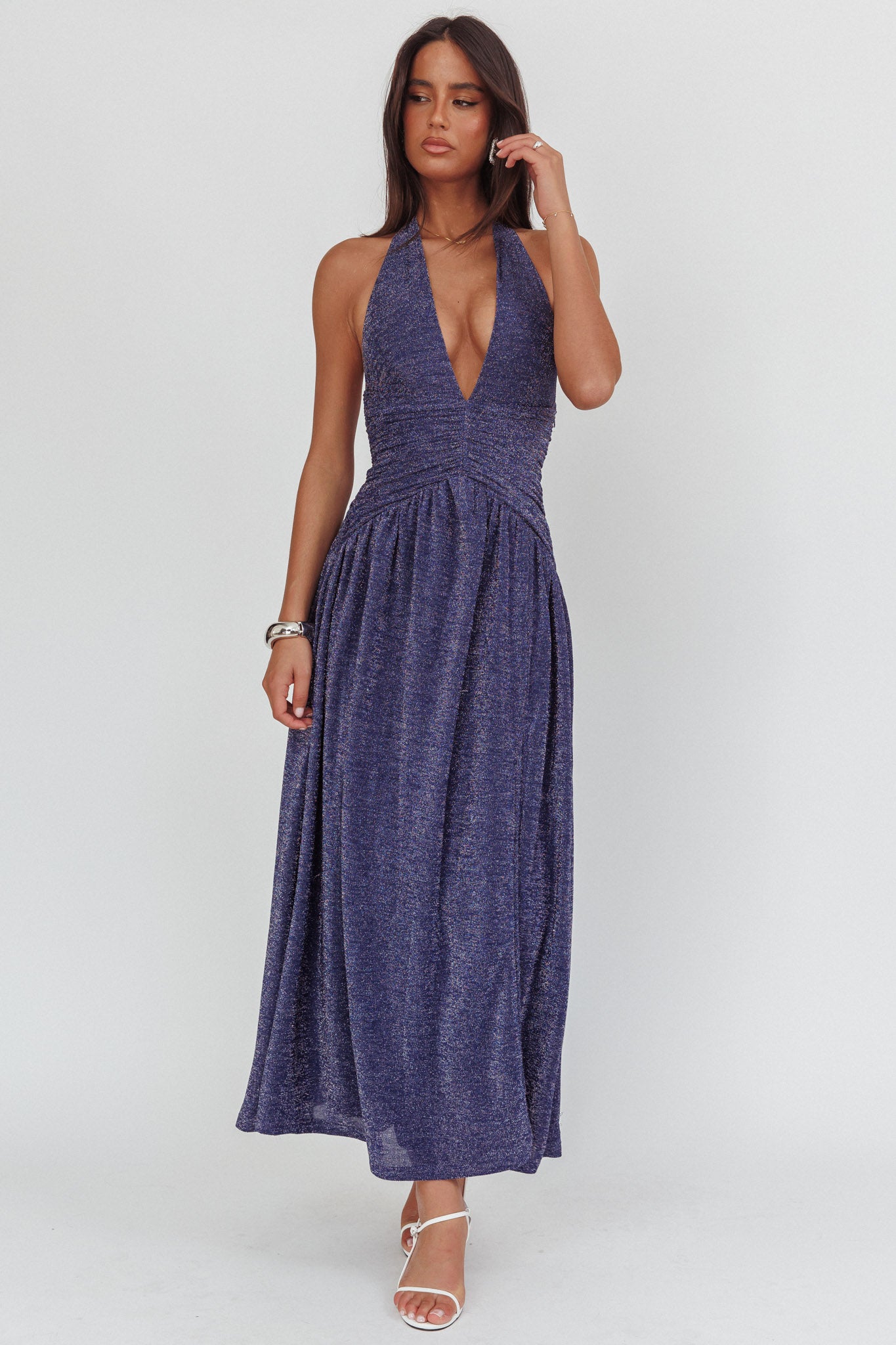 Italia Azure Gathered Waist Maxi Dress Shimmer Navy-Maymioy