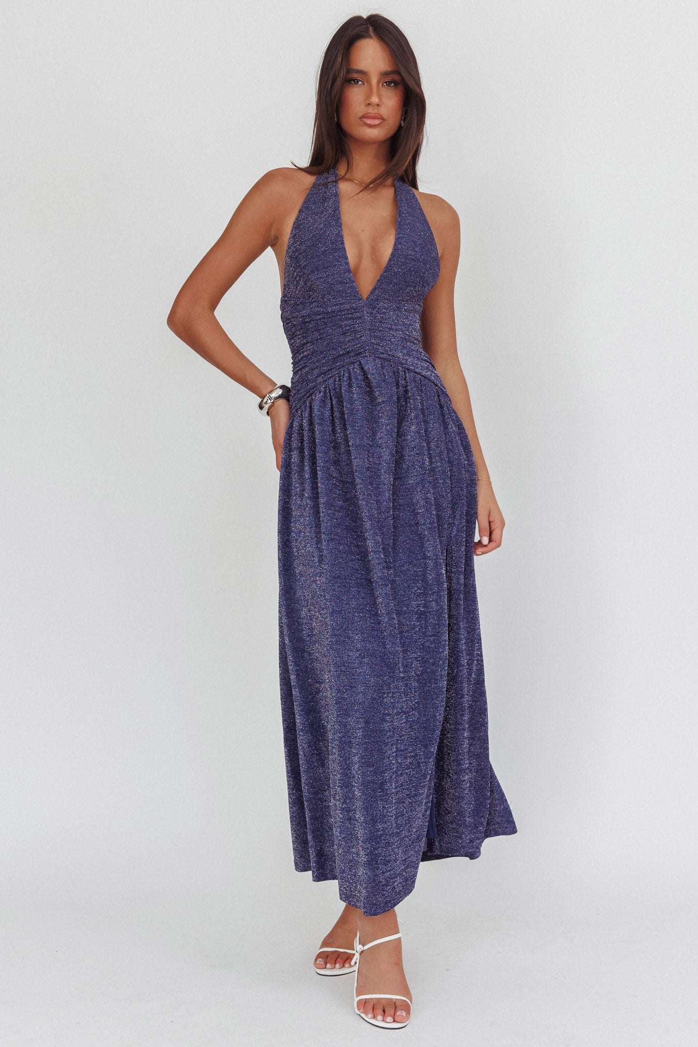 Italia Azure Gathered Waist Maxi Dress Shimmer Navy-Maymioy