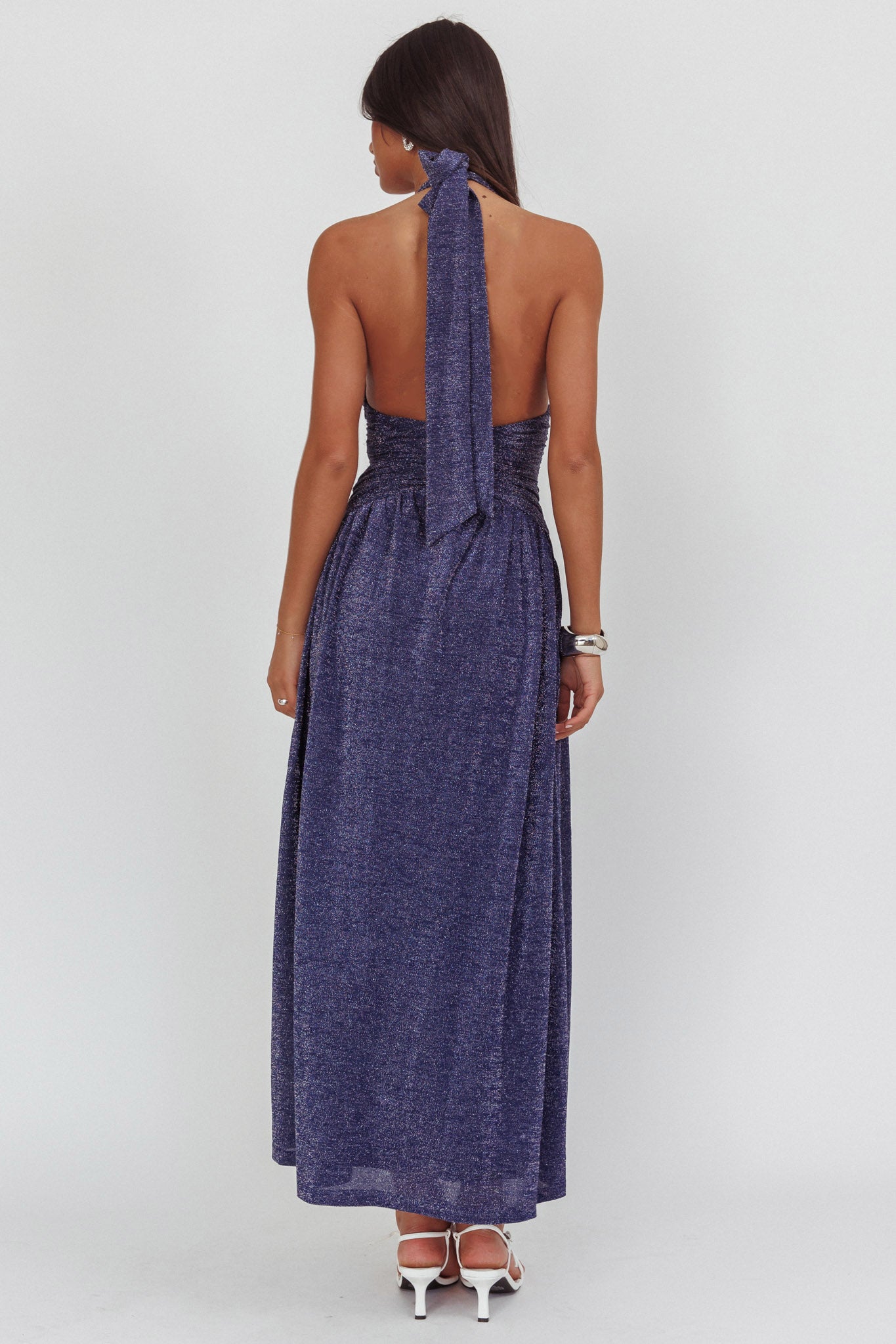 Italia Azure Gathered Waist Maxi Dress Shimmer Navy-Maymioy