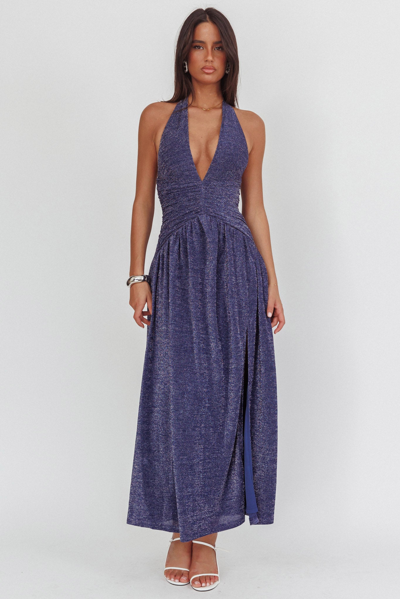 Italia Azure Gathered Waist Maxi Dress Shimmer Navy-Maymioy