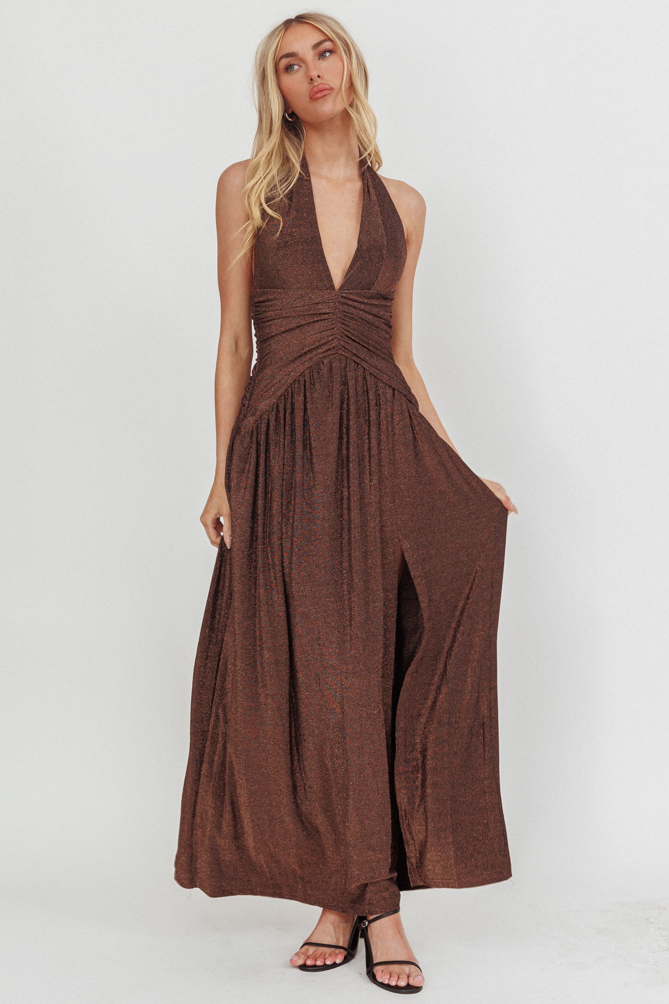 Italia Azure Gathered Waist Maxi Dress Shimmer Chocolate-Maymioy