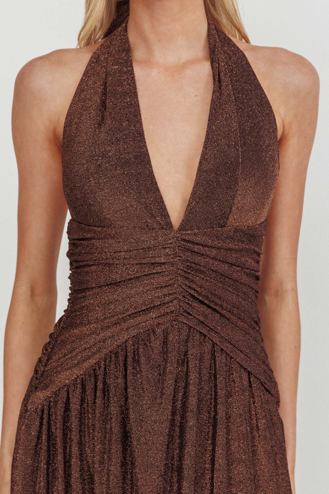Italia Azure Gathered Waist Maxi Dress Shimmer Chocolate-Maymioy