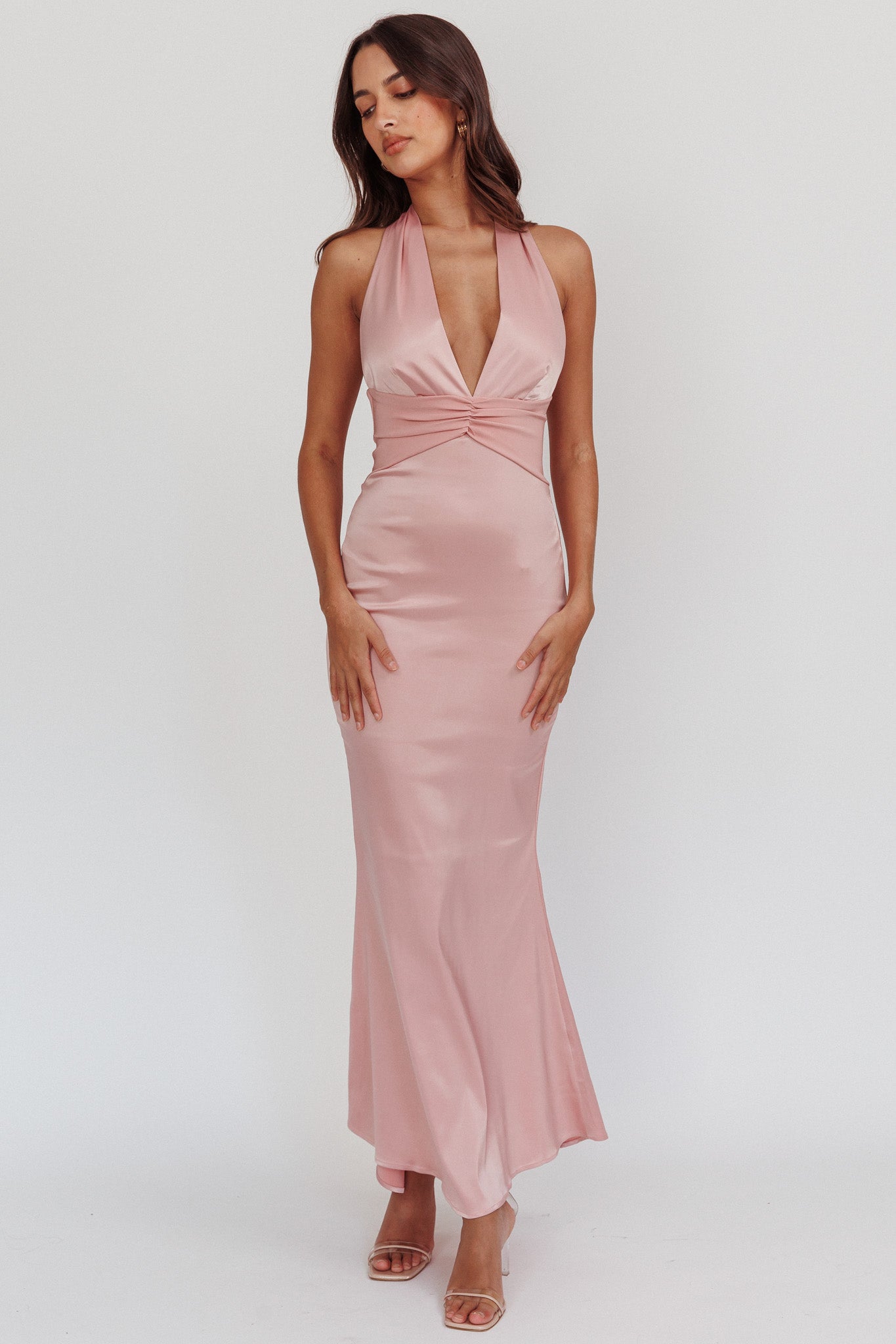 Italia Azure Pleat Bodice Halterneck Maxi Dress Blush-Maymioy