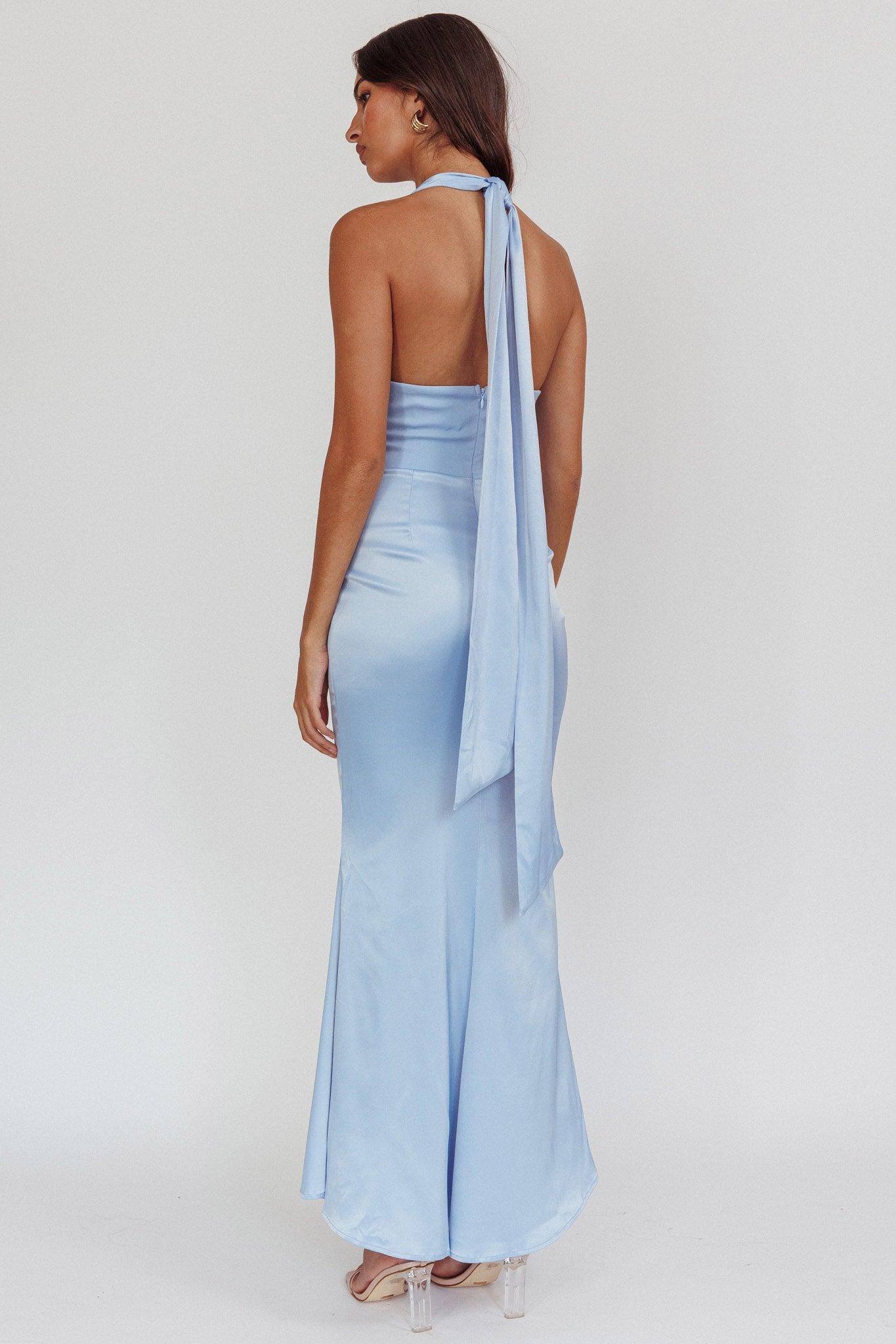 Italia Azure Pleat Bodice Halterneck Maxi Dress Light Blue-Maymioy