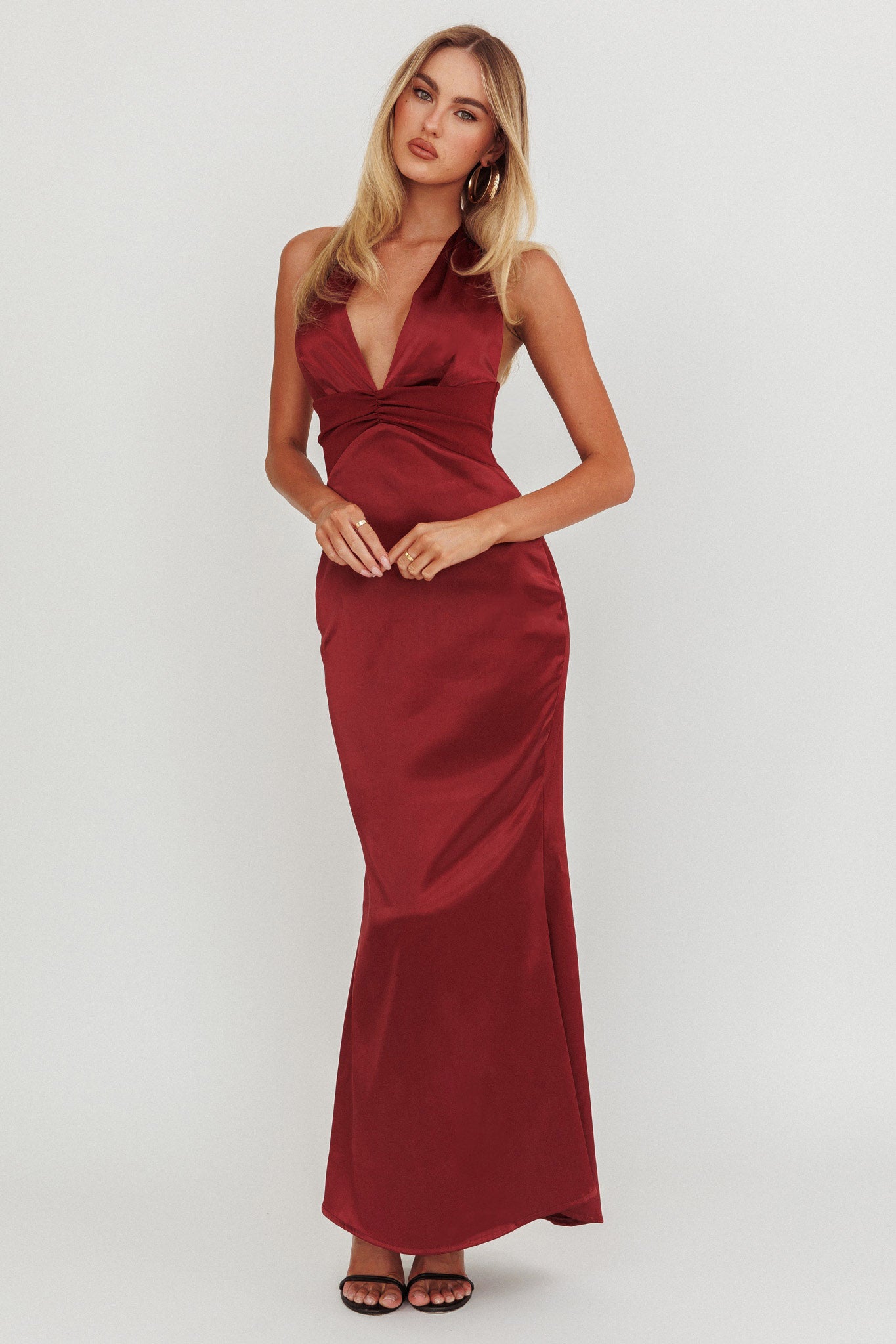 Italia Azure Pleat Bodice Halterneck Maxi Dress Wine-Maymioy