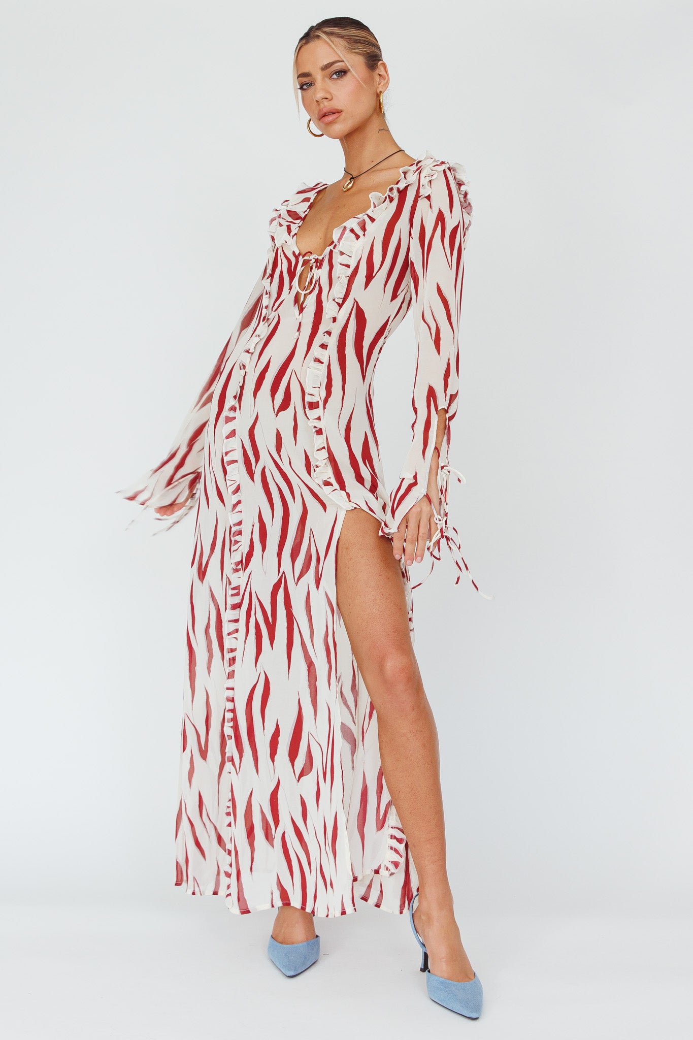 Oasis Moon Frill Trim Maxi Dress Printed Ruby-Maymioy