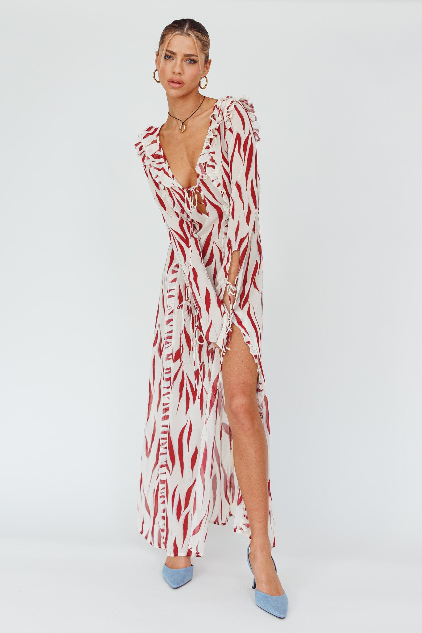 Oasis Moon Frill Trim Maxi Dress Printed Ruby-Maymioy