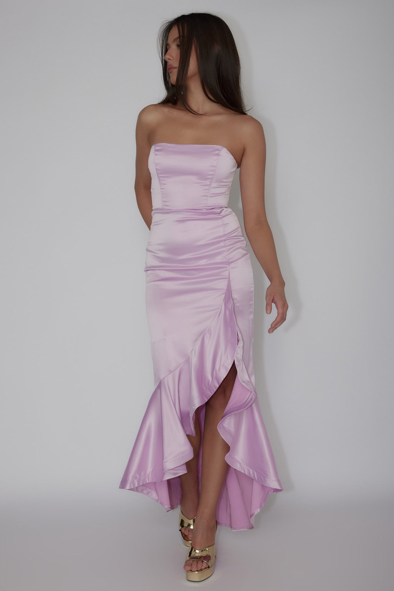 Diony Strapless Ruffle Hem Midi Dress Pink-Maymioy