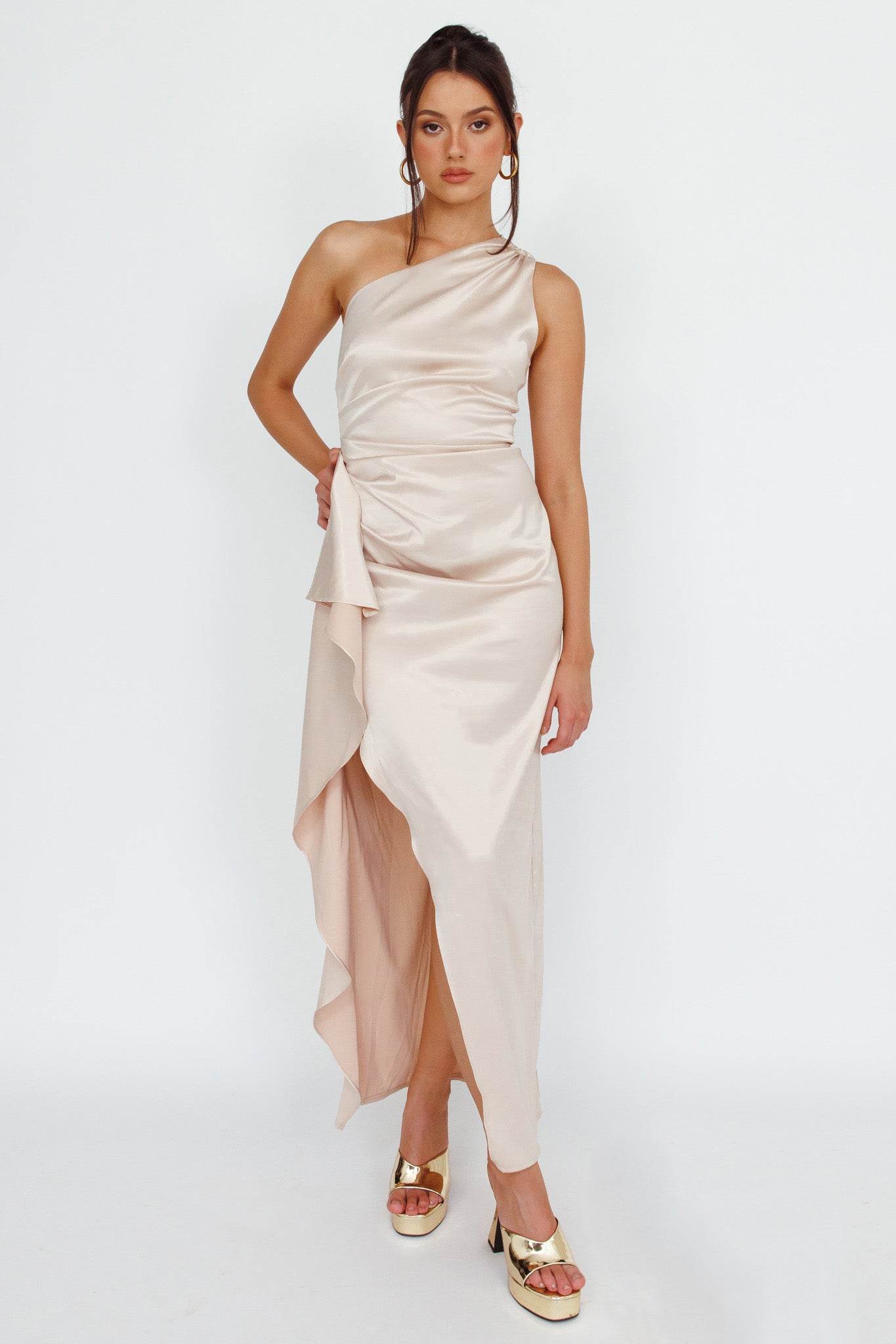 Kamillia One-Shoulder Split Midi Dress Champagne-Maymioy